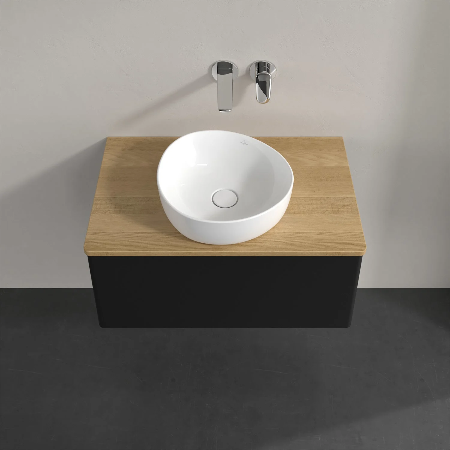 Umywalka na drewnianym blacie z czarną szufladą, Villeroy & Boch