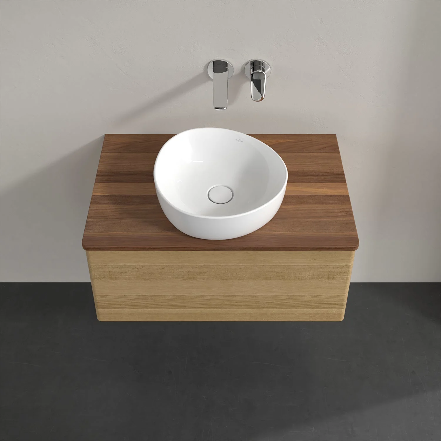 Umywalka z drewnianym blatem i jasną szafką, Villeroy & Boch