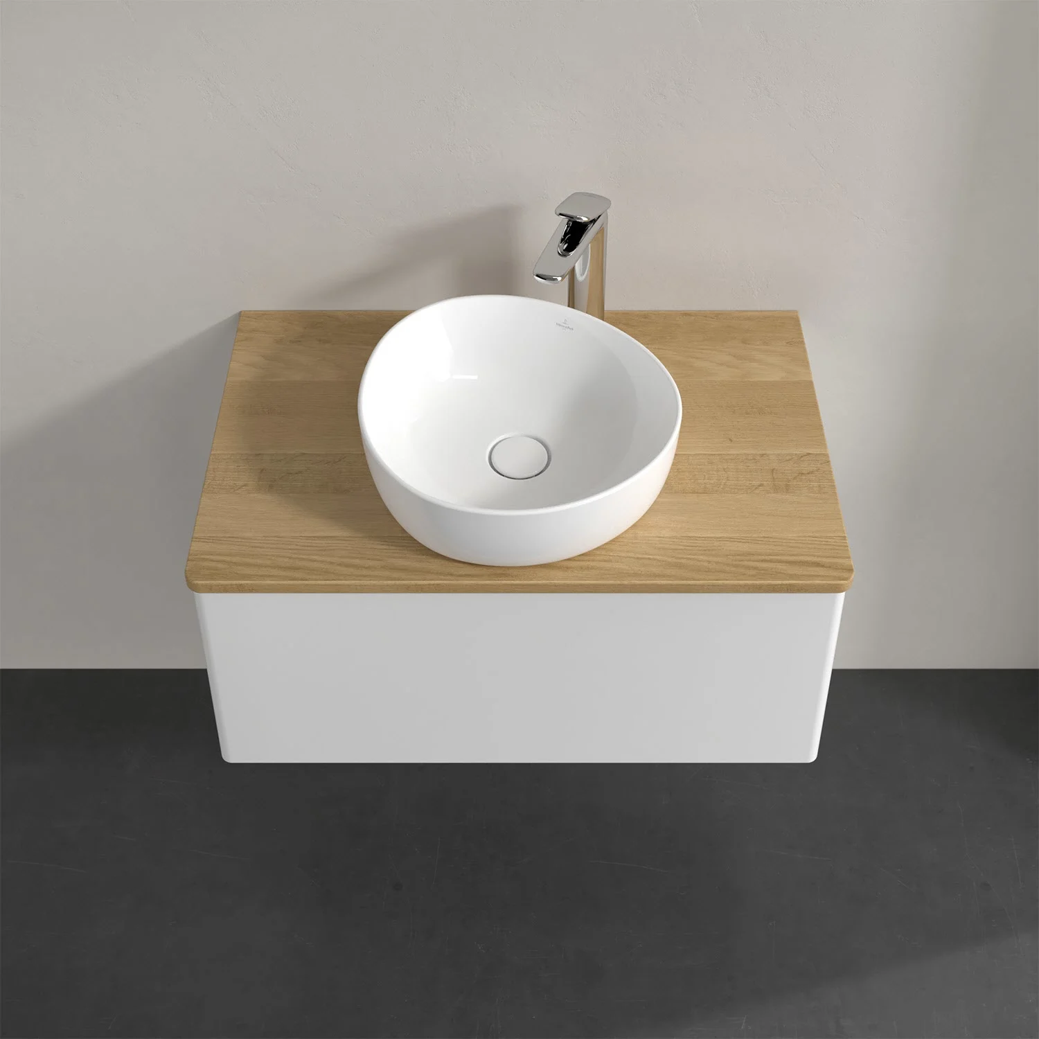 Umywalka na drewnianym blacie z góry, Villeroy & Boch