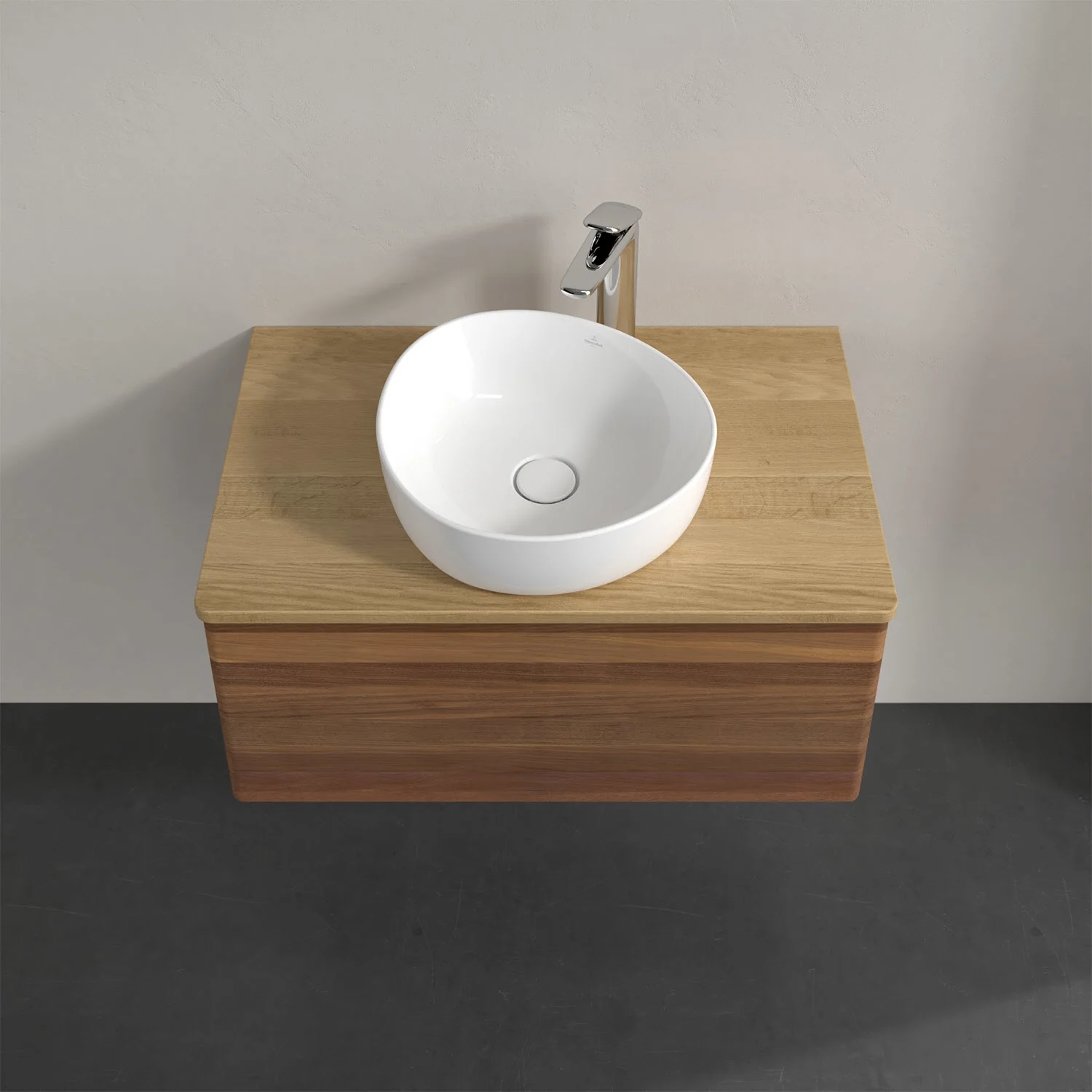 Umywalka z drewnianą powierzchnią i białą umywalką, Villeroy & Boch