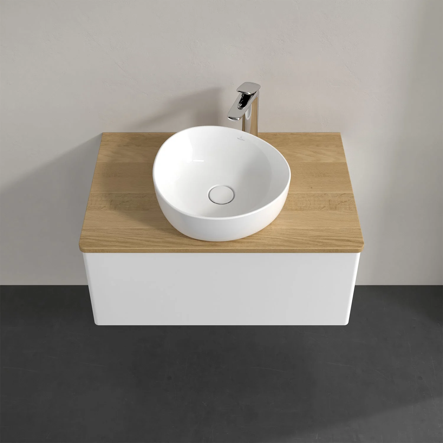 Umywalka z drewnianym blatem i białą umywalką, Villeroy & Boch