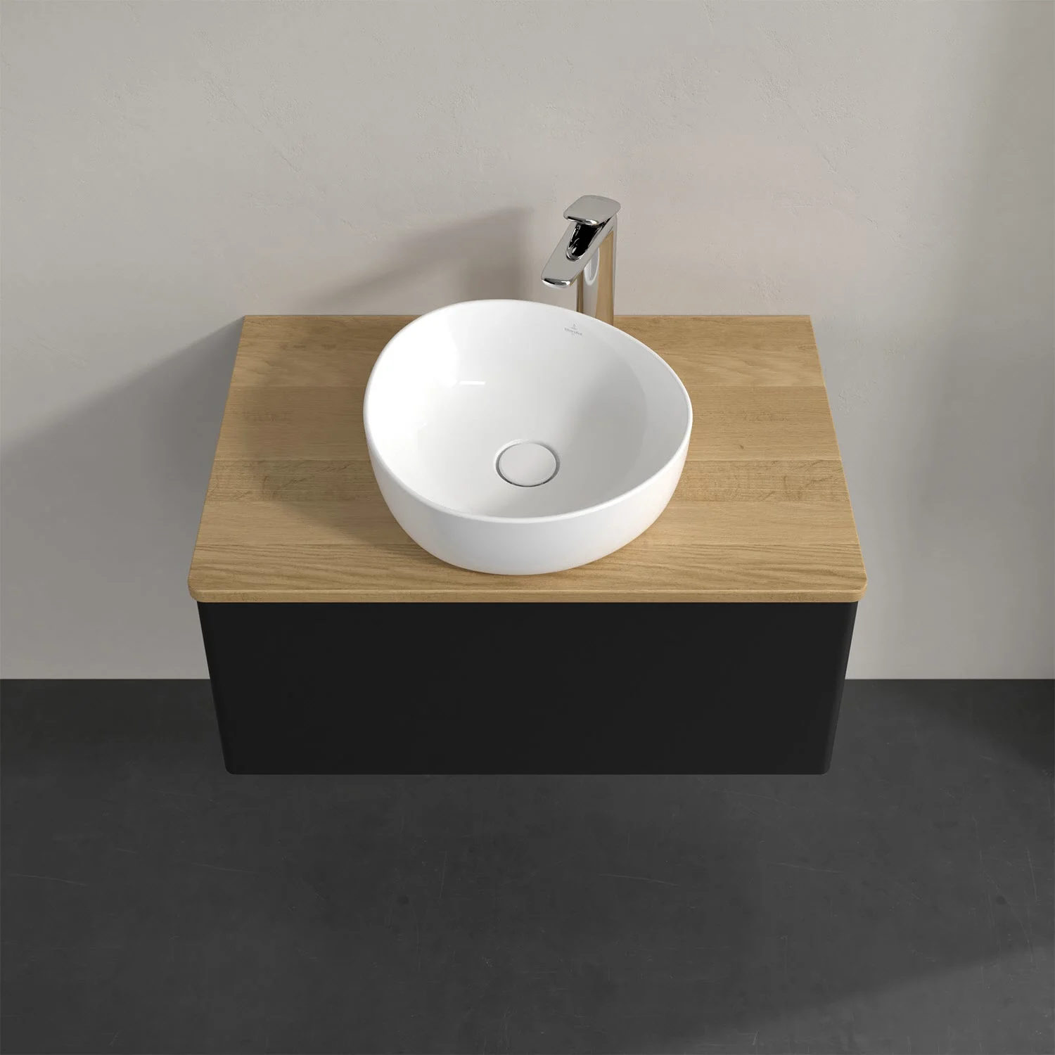 Umywalka z drewnianym blatem i białą umywalką, Villeroy & Boch