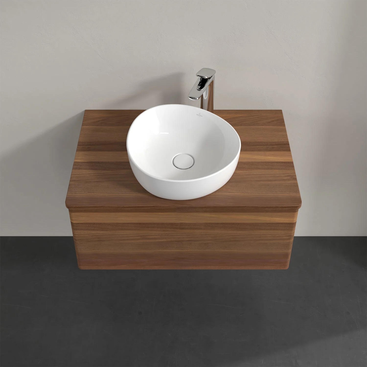 Umywalka na drewnianym blacie z góry, Villeroy & Boch