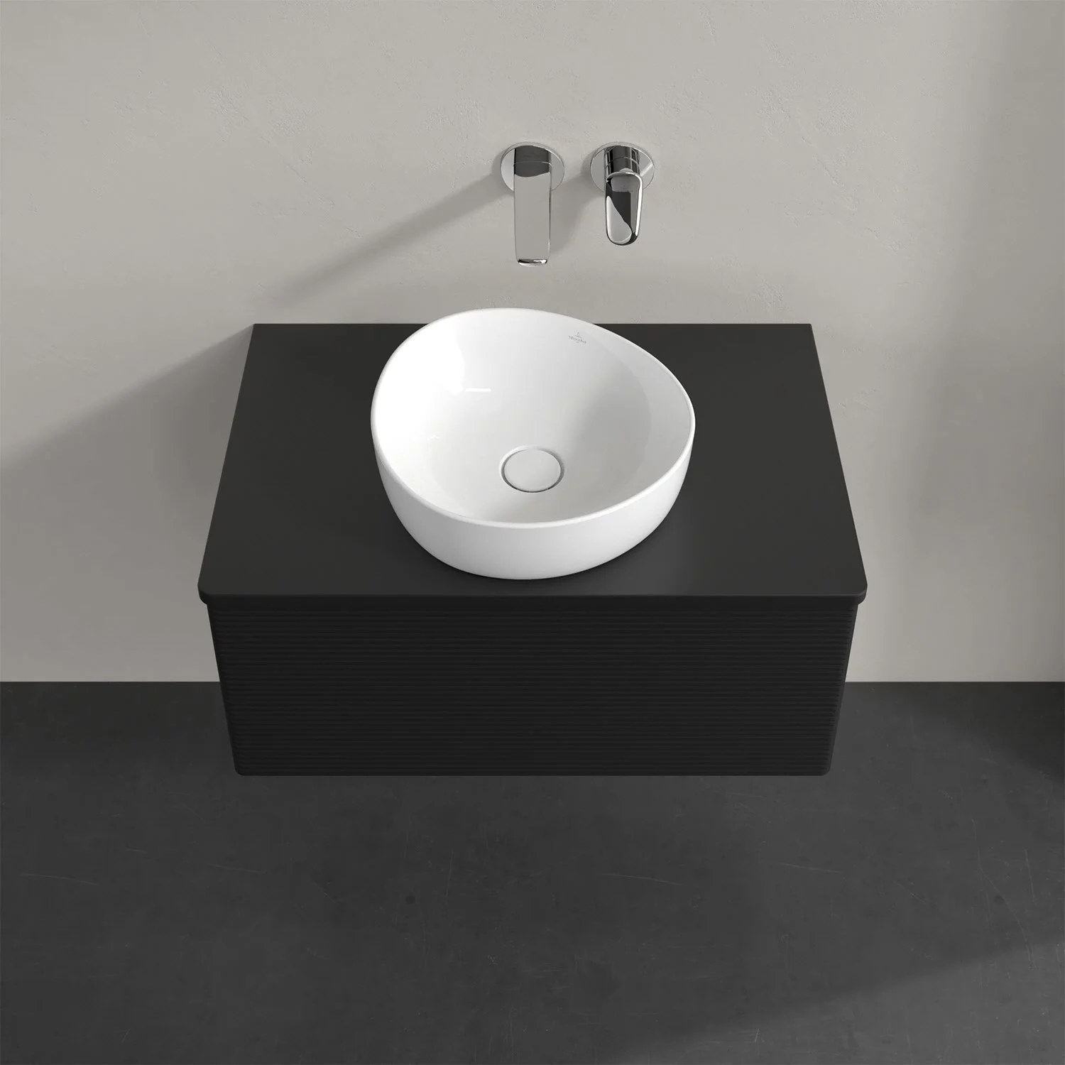 Umywalka na drewnianym blacie z czarną szafką, Villeroy & Boch