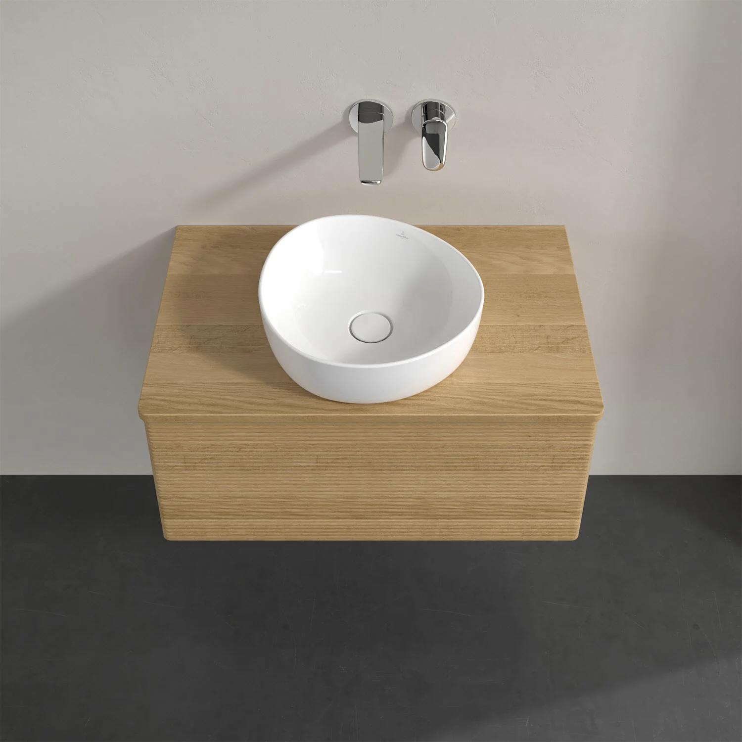 Umywalka na drewnianym blacie z drewnianą szafką, Villeroy & Boch