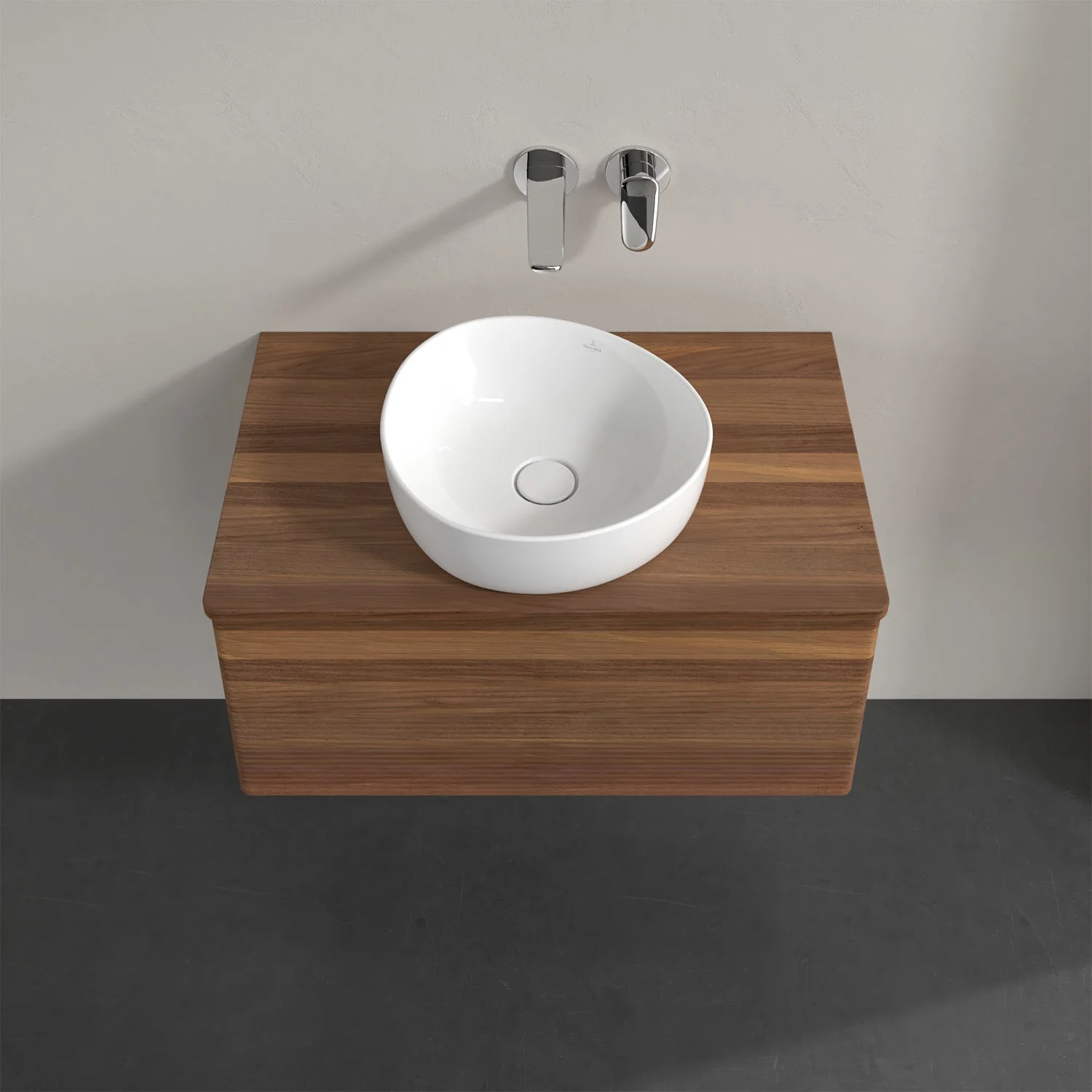 Umywalka z drewnianym blatem i białą misą, Villeroy & Boch