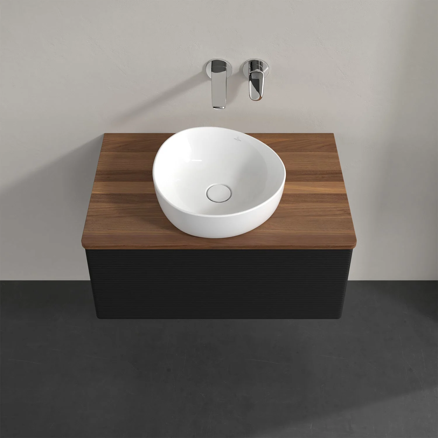 Umywalka z drewnianym blatem i białą misą, Villeroy & Boch