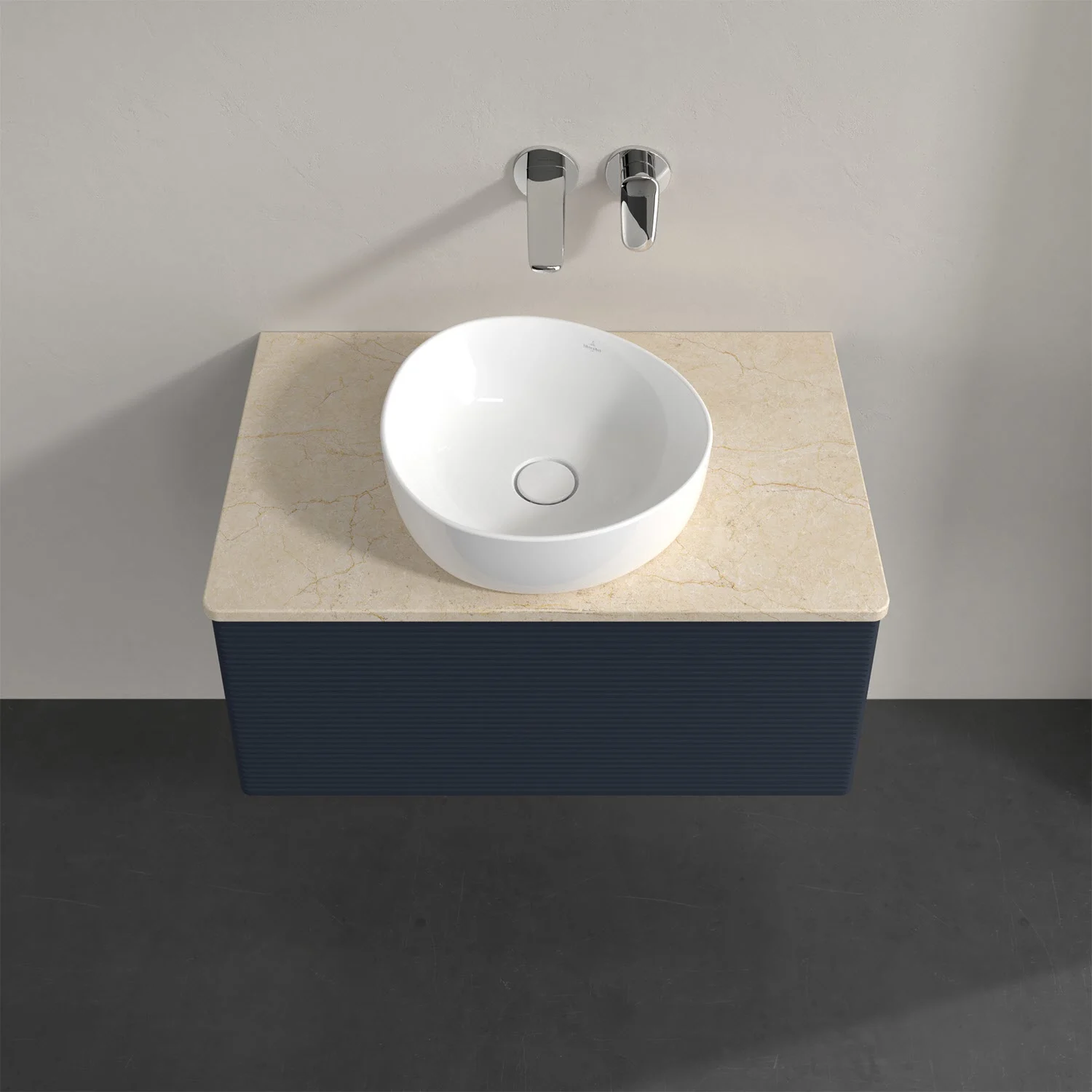 Umywalka z niebieską szafką i białą umywalką, Villeroy & Boch