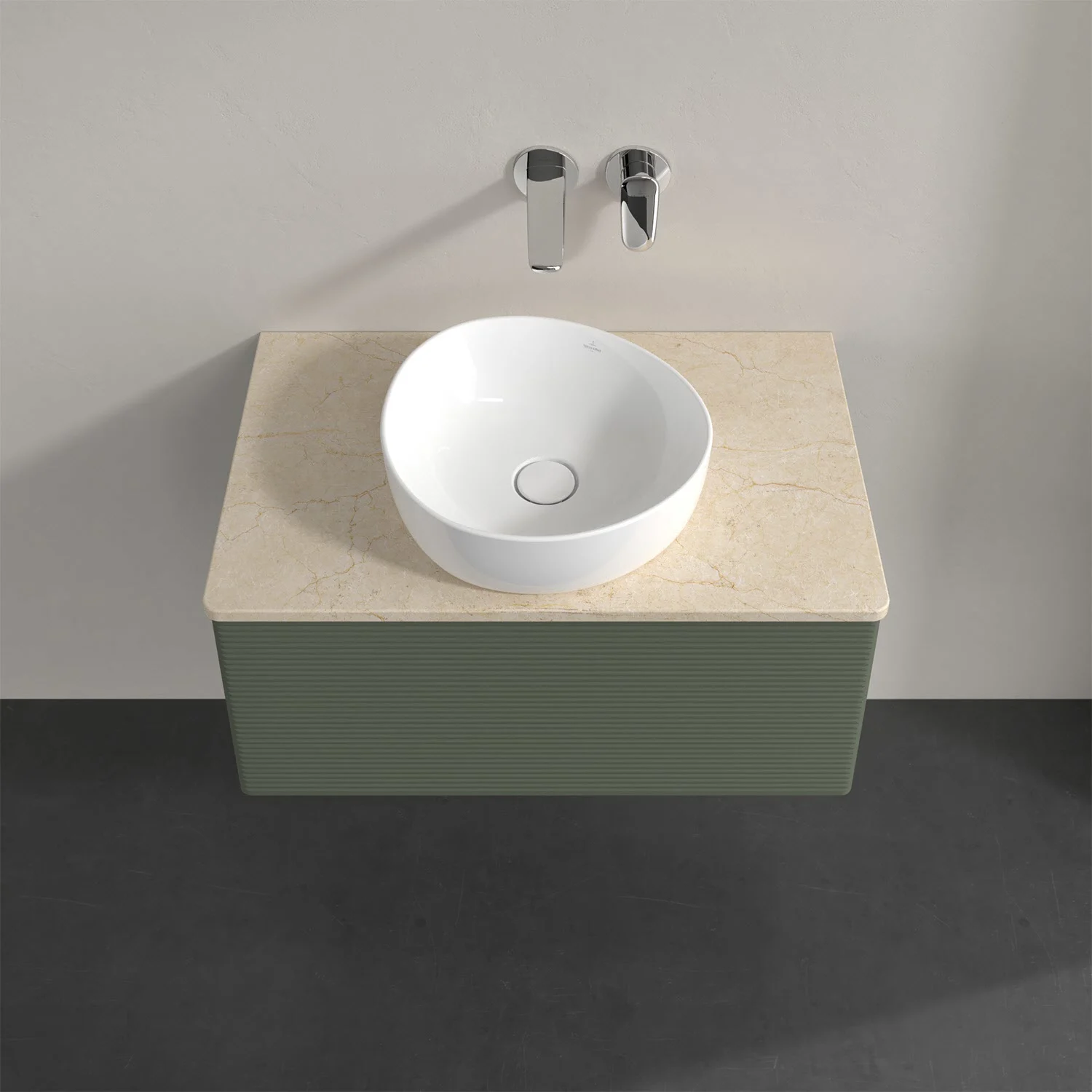 Umywalka z zieloną szafką i białą umywalką, Villeroy & Boch