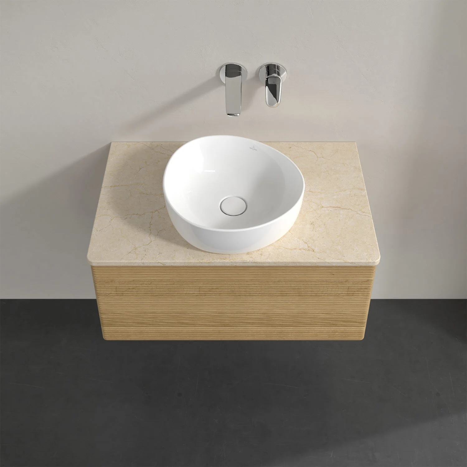 Umywalka z drewnianą szufladą i białą umywalką, Villeroy & Boch