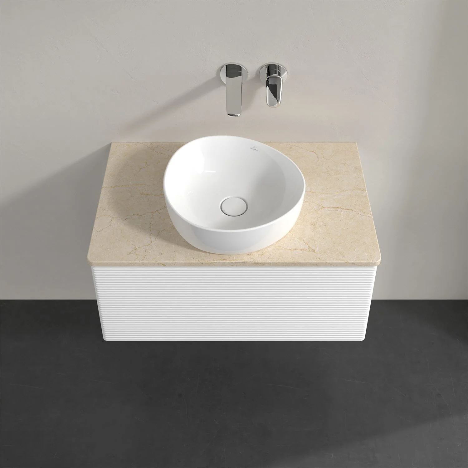 Beżowa umywalka z baterią ścienną zbliżenie, Villeroy & Boch