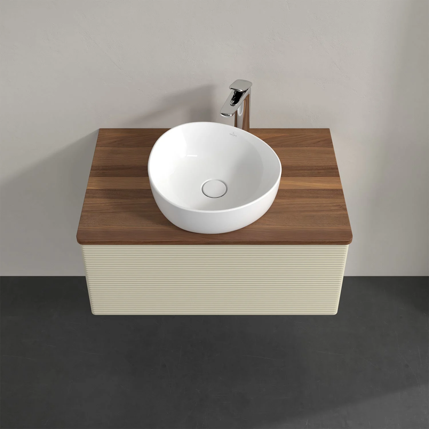 Umywalka z drewnianym blatem i okrągłą umywalką, Villeroy & Boch