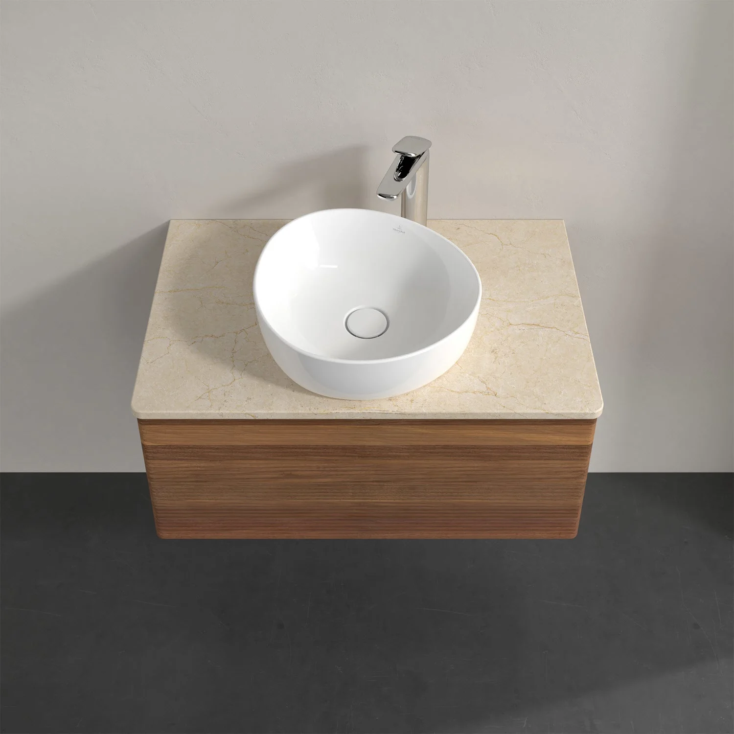 Umywalka z ciemną drewnianą powierzchnią i zlewem, Villeroy & Boch