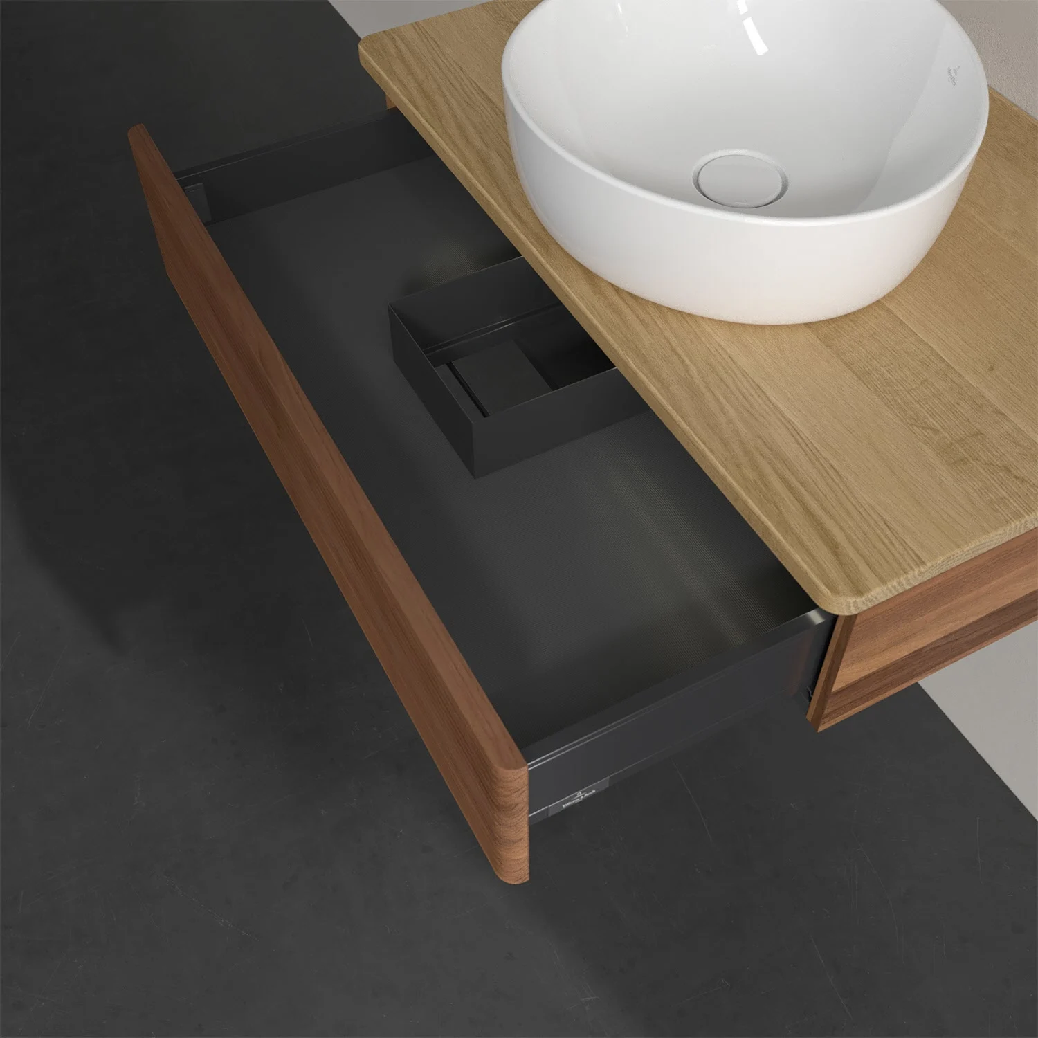 Umywalka z drewnianą powierzchnią i otwartą szufladą, Villeroy & Boch