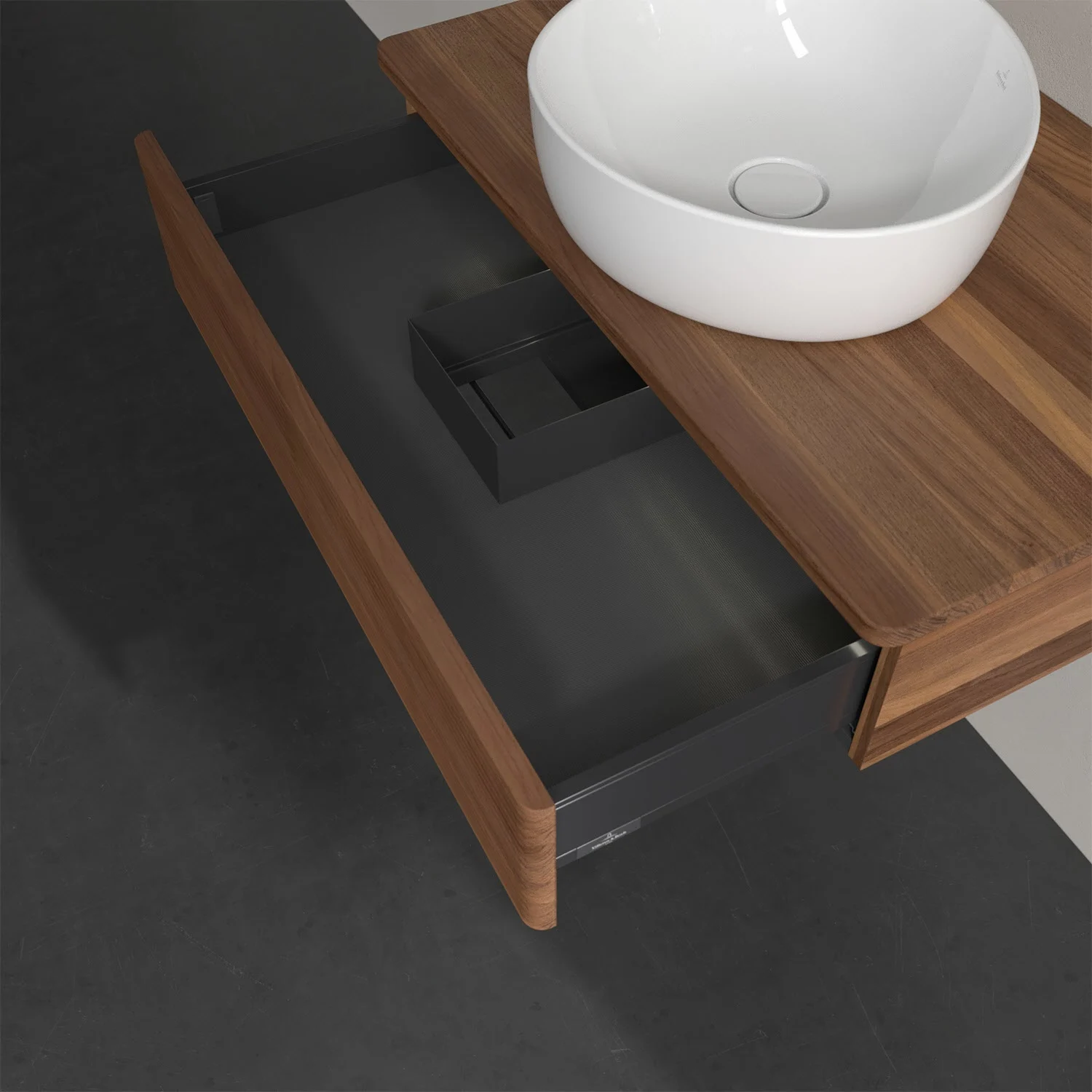 Umywalka z drewnianą powierzchnią i otwartą szufladą, Villeroy & Boch