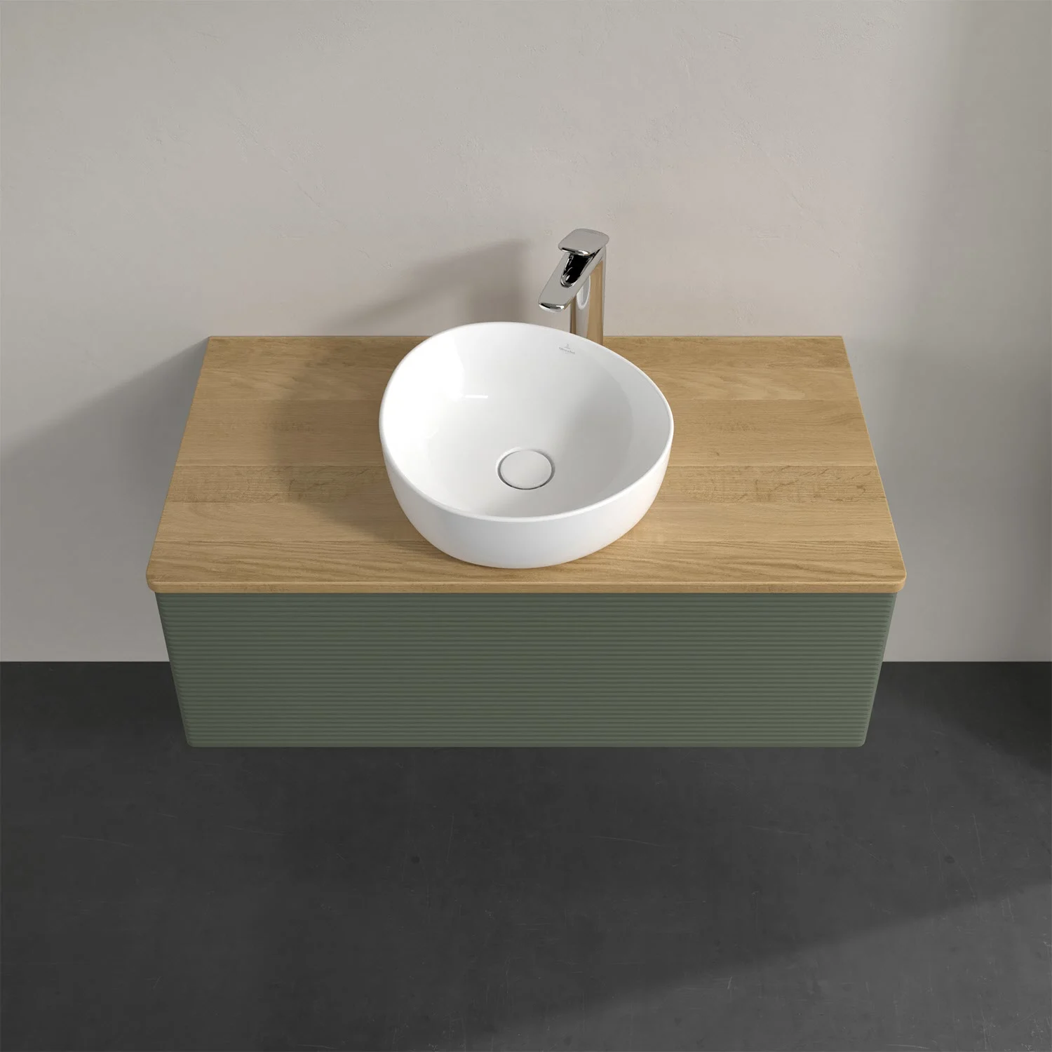 Umywalka z drewnianym blatem i nablatową umywalką z góry, Villeroy & Boch