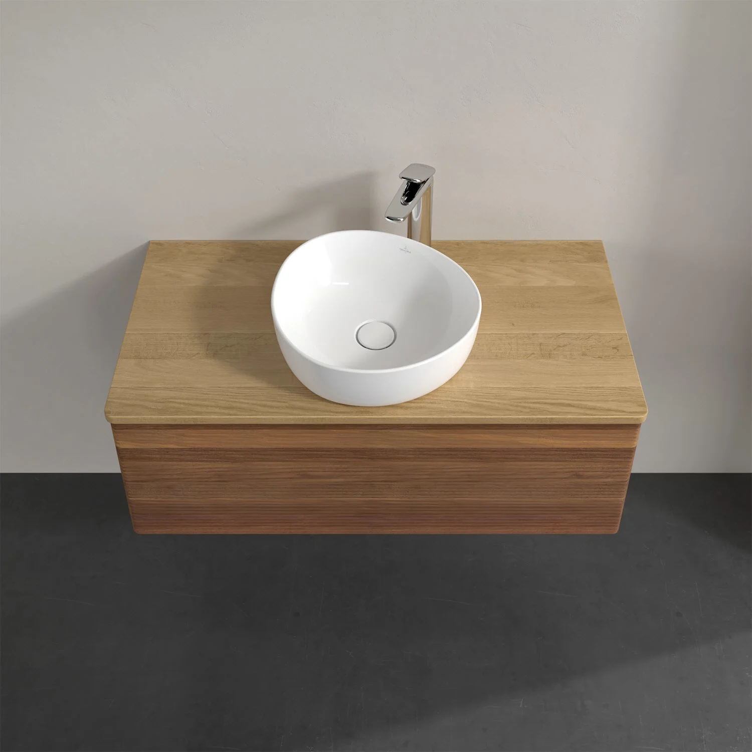 Umywalka z drewnianym blatem i nablatową umywalką z góry, Villeroy & Boch