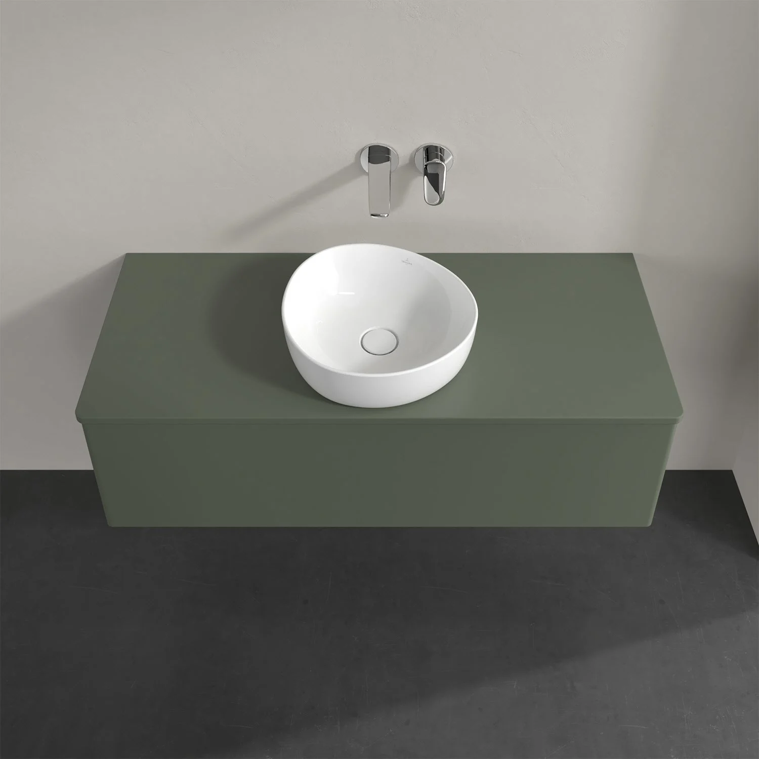 Umywalka z zielonym blatem i białą umywalką, Villeroy & Boch