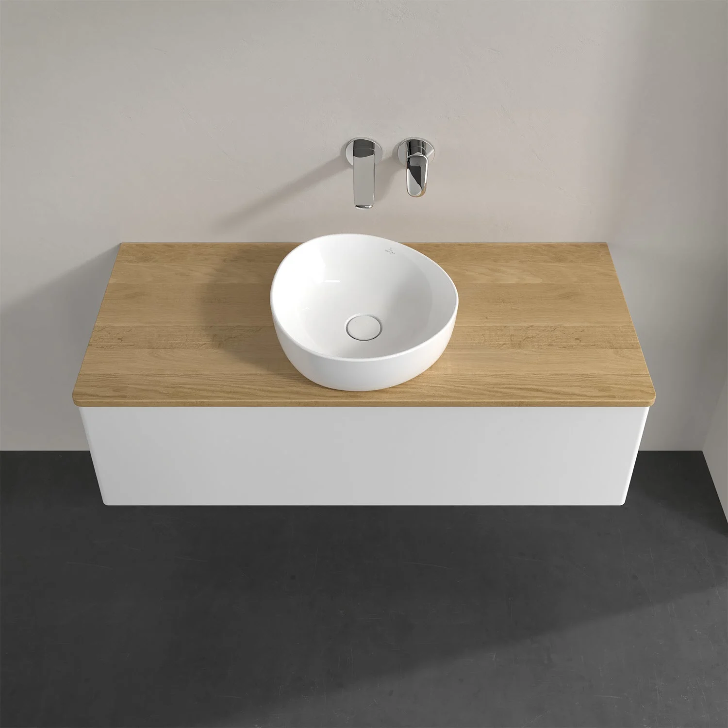 Umywalka z drewnianym blatem i białą umywalką, Villeroy & Boch