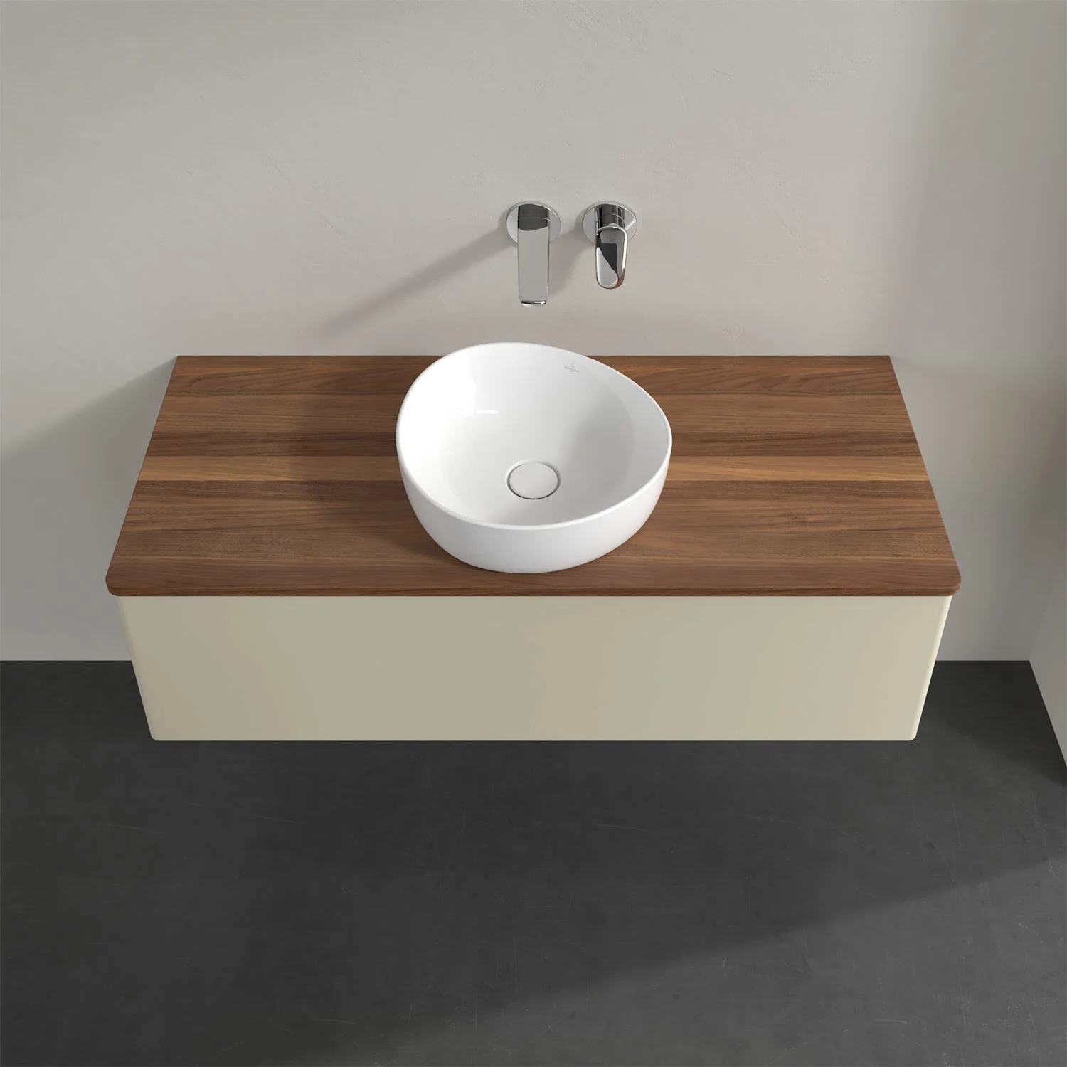 Umywalka z drewnianym blatem i białą umywalką, Villeroy & Boch