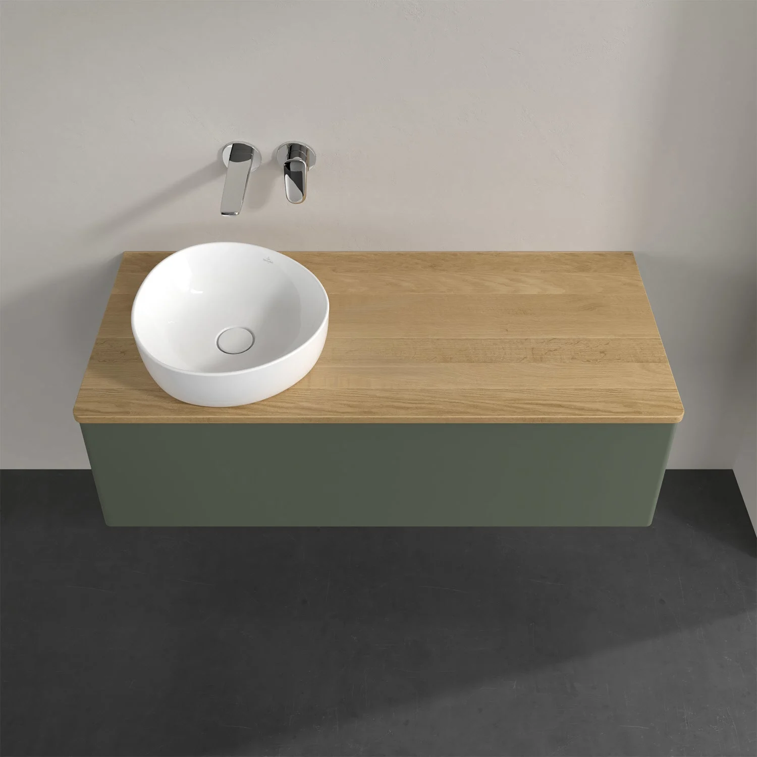 Umywalka z drewnianym blatem widziana z góry, Villeroy & Boch