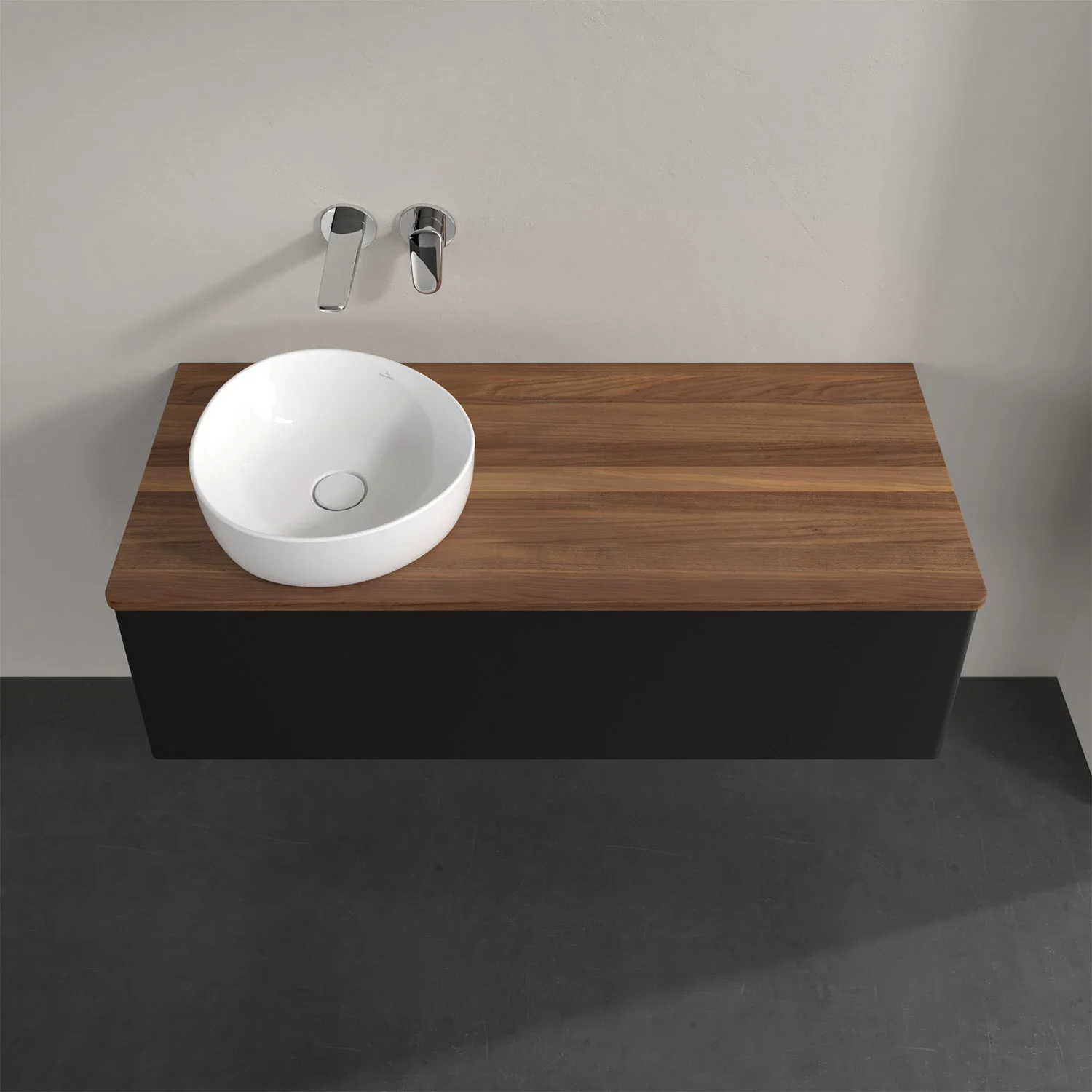 Umywalka z drewnianym blatem i okrągłą umywalką, Villeroy & Boch