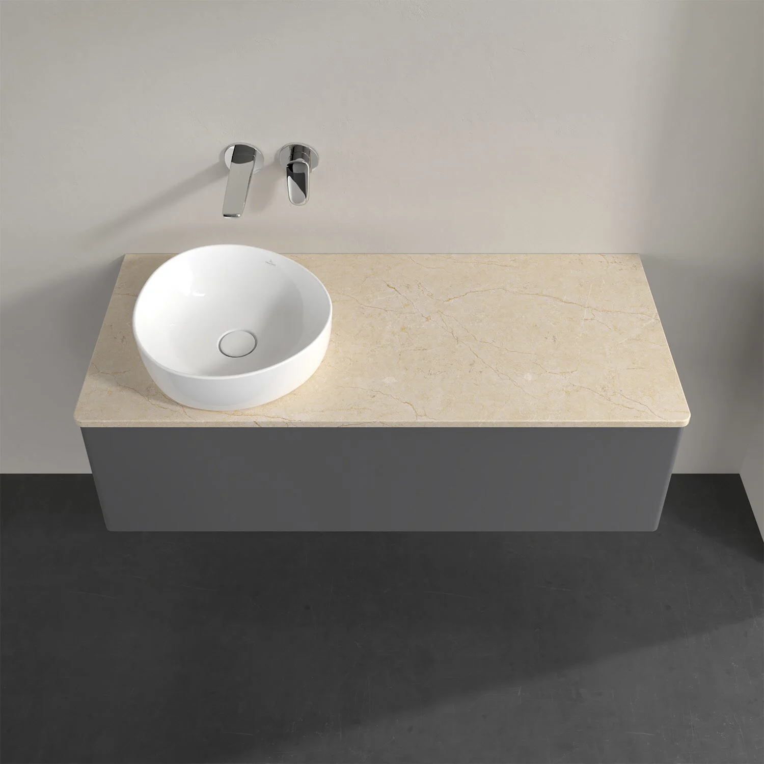 Umywalka z beżowym blatem i okrągłą umywalką, Villeroy & Boch