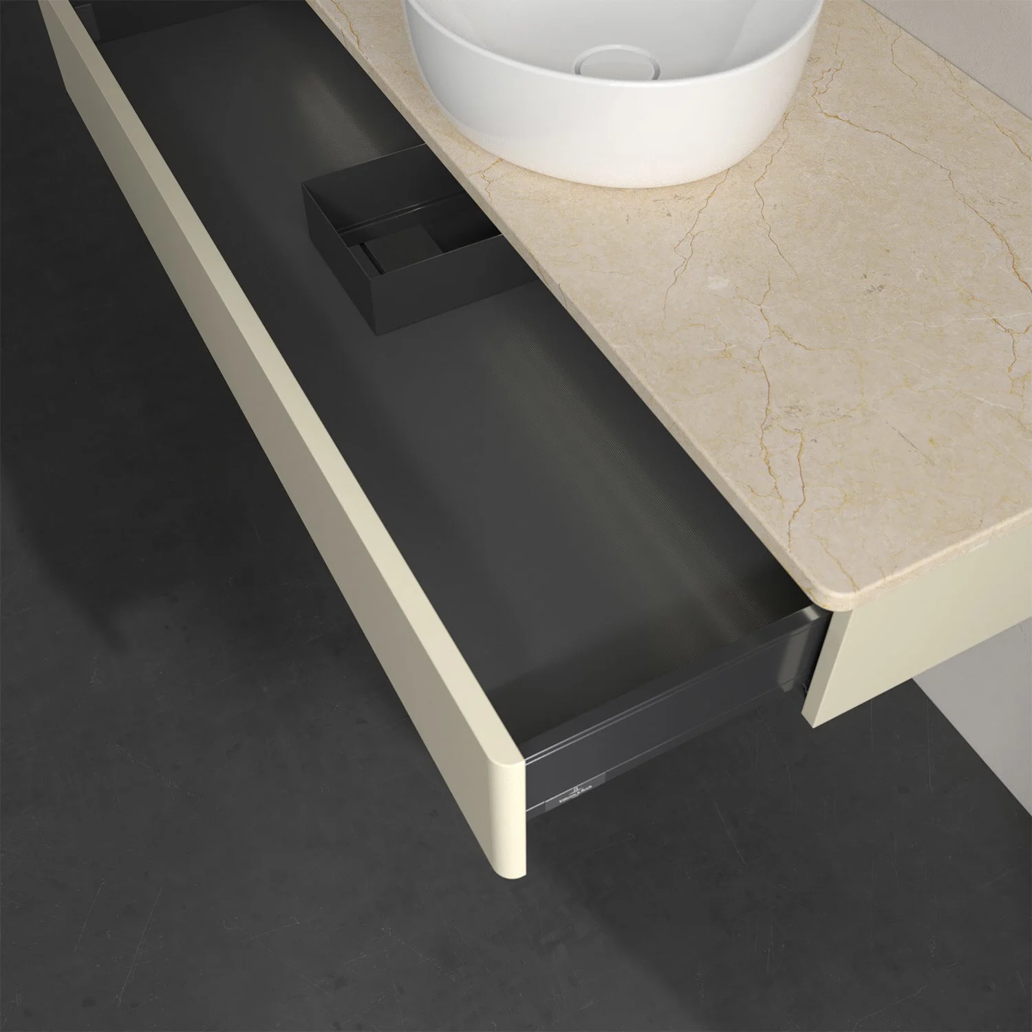 Otwarta szuflada pod umywalką z okrągłą misą, Villeroy & Boch