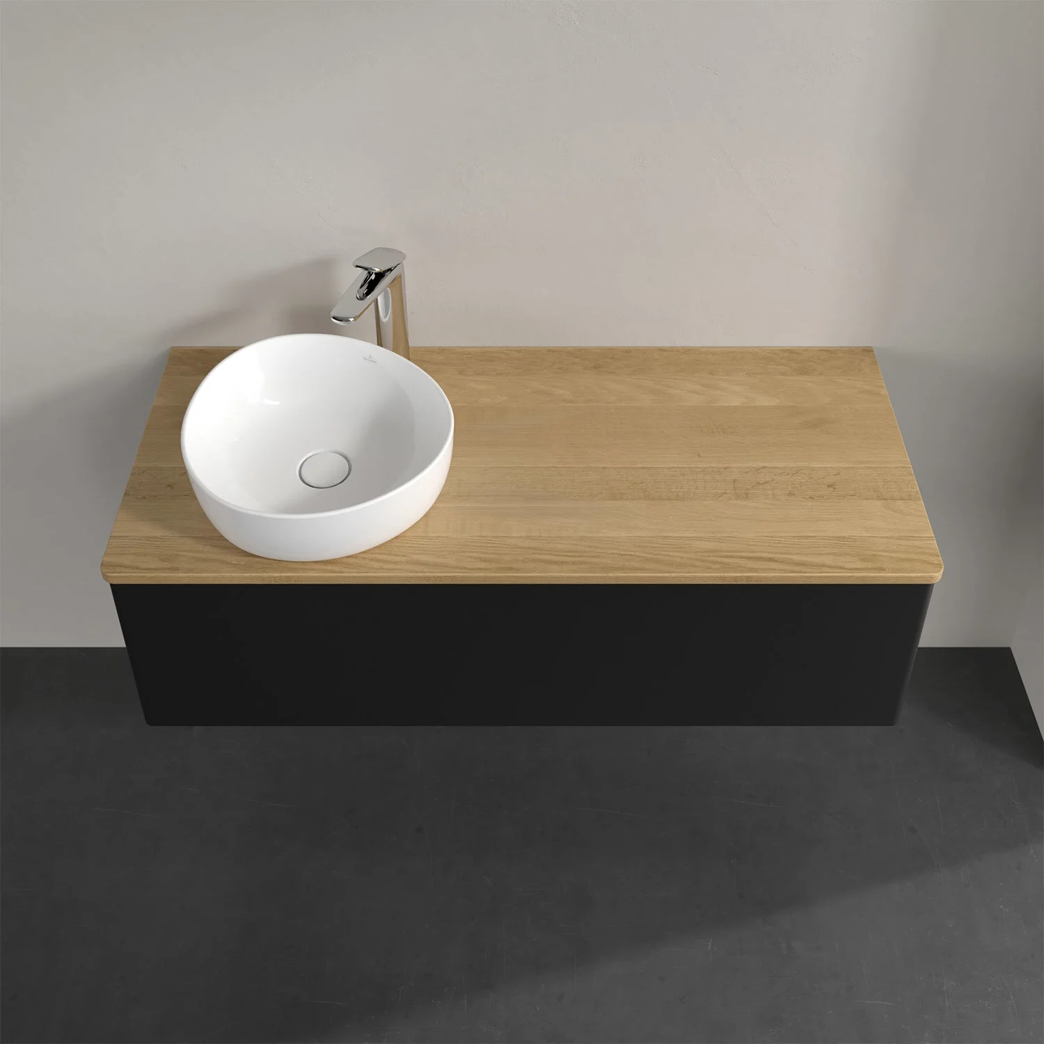 Umywalka z drewnianą powierzchnią i białą umywalką, Villeroy & Boch