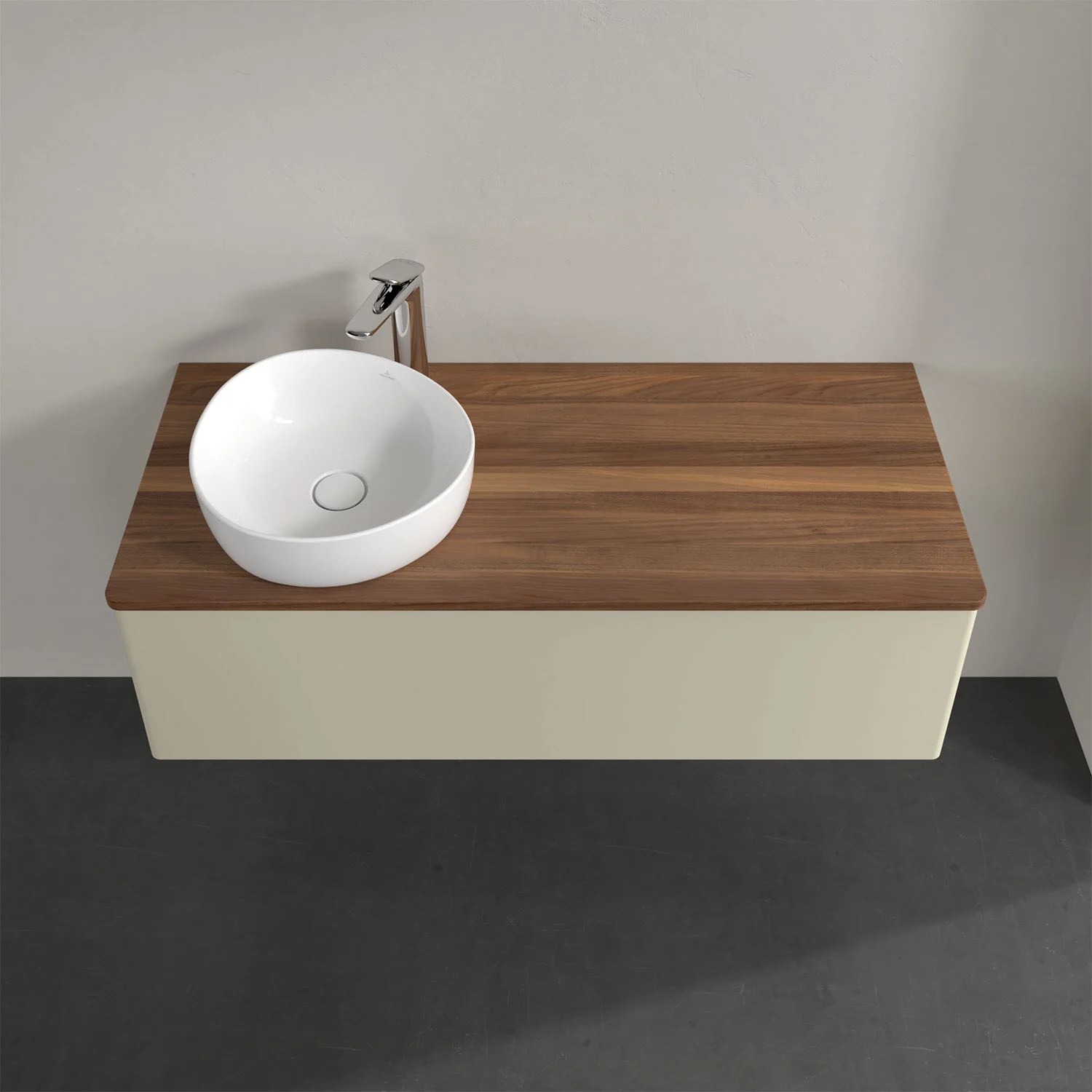 Umywalka z drewnianą powierzchnią i białą umywalką, Villeroy & Boch