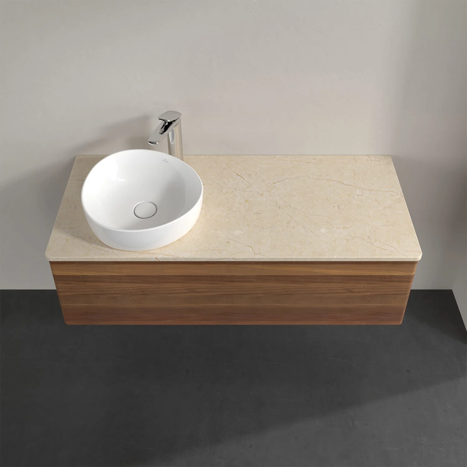 Meble łazienkowe z umywalką na jasnej drewnianej powierzchni, Villeroy & Boch