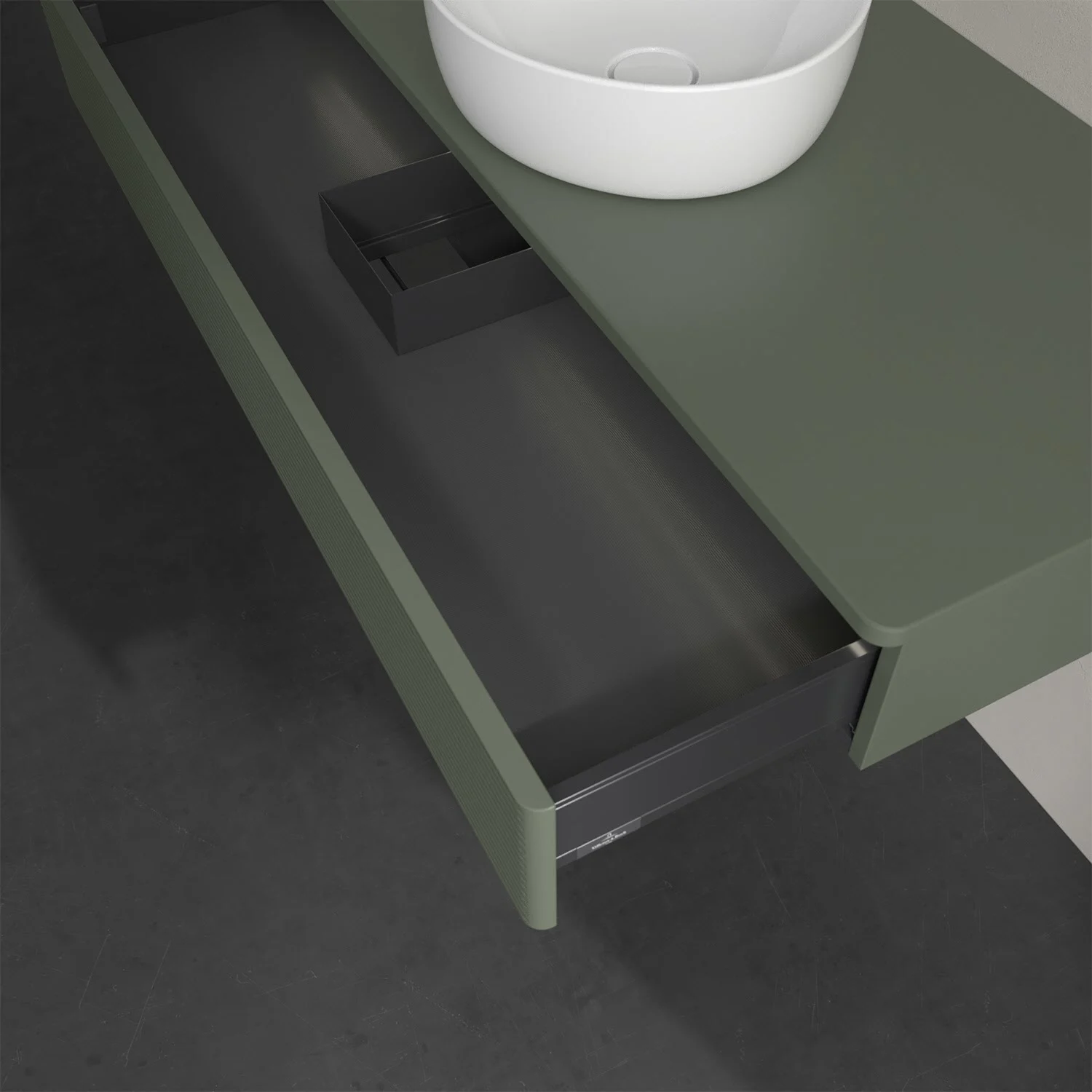 Zielona umywalka z otwartą szufladą z góry, Villeroy & Boch