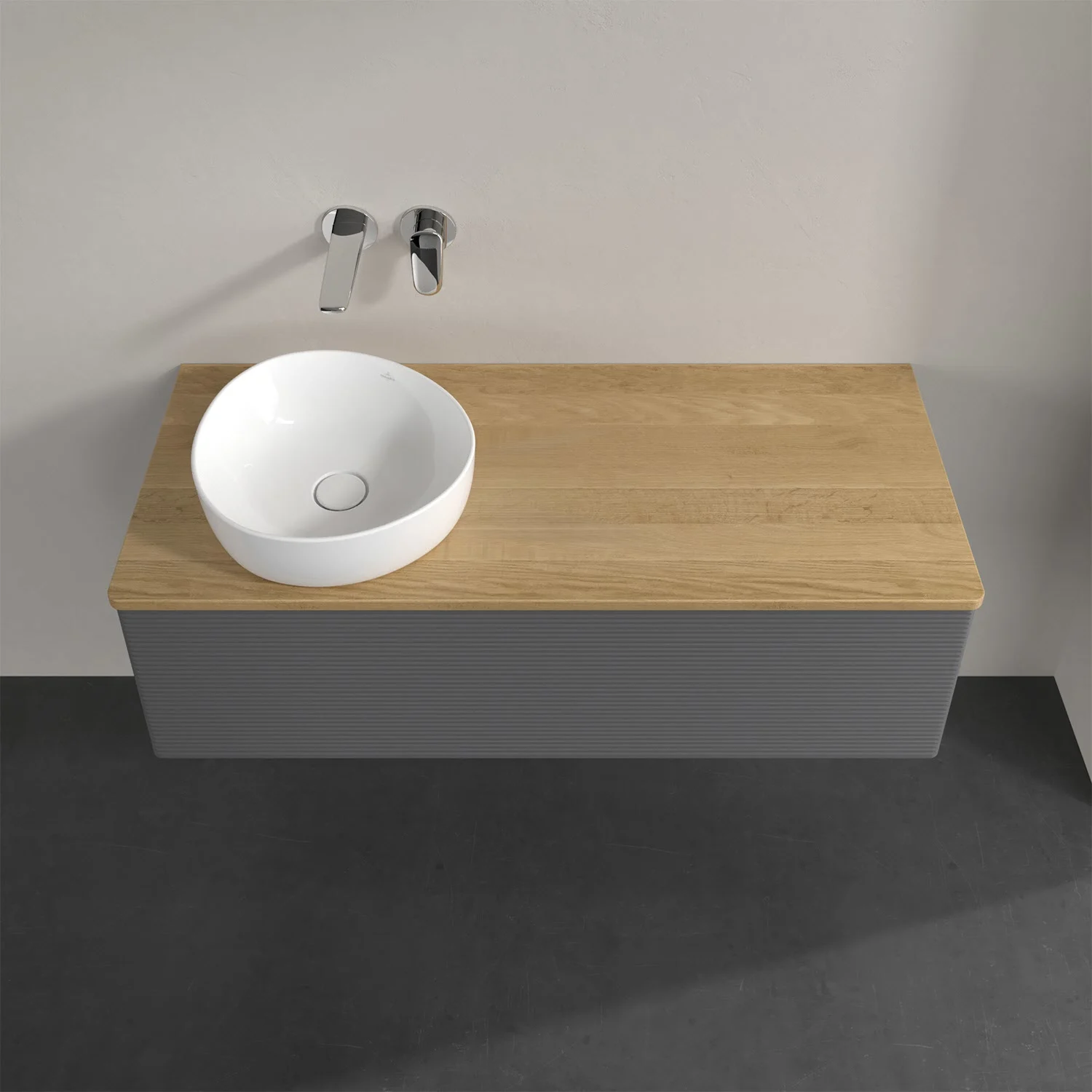 Umywalka z drewnianym blatem i szarą szafką, Villeroy & Boch