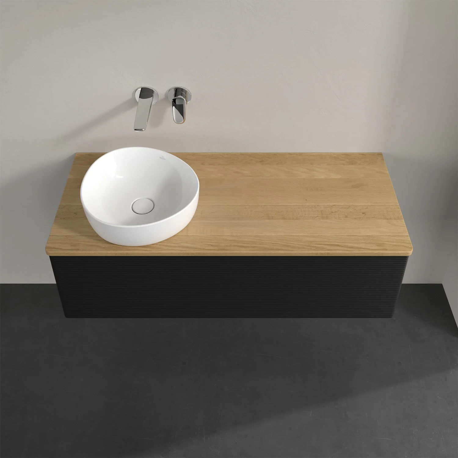 Umywalka z drewnianym blatem i czarną szafką, Villeroy & Boch