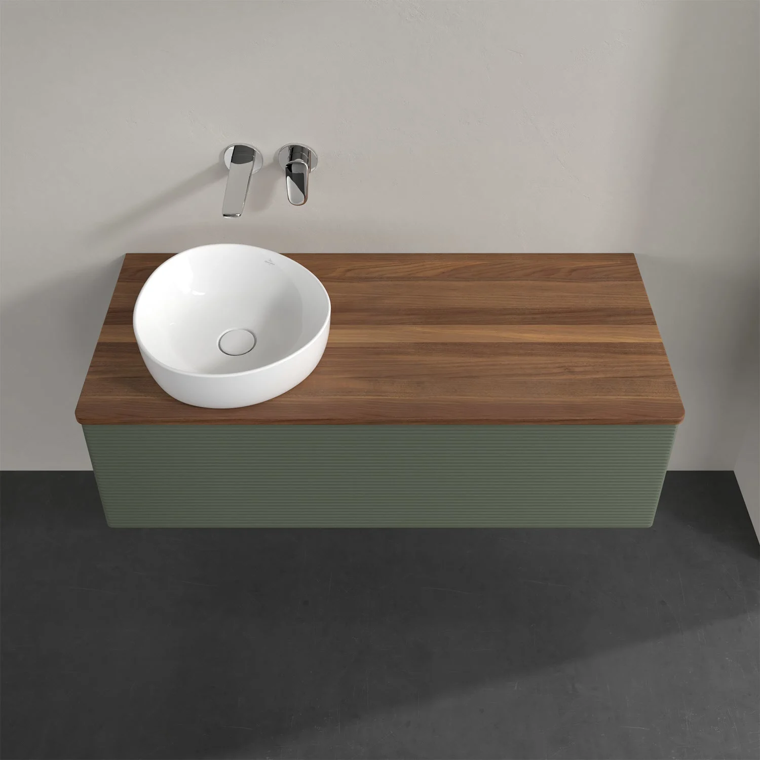 Drewniana umywalka z zielonym panelem przednim, Villeroy & Boch