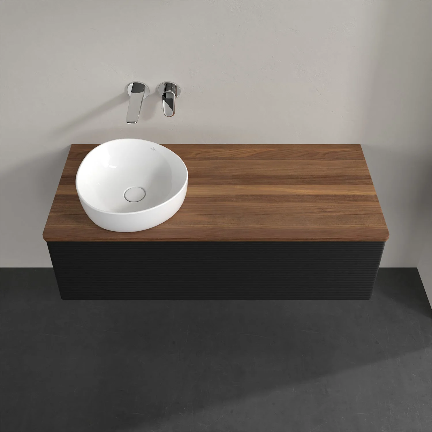 Umywalka z drewnianym blatem w zbliżeniu, Villeroy & Boch
