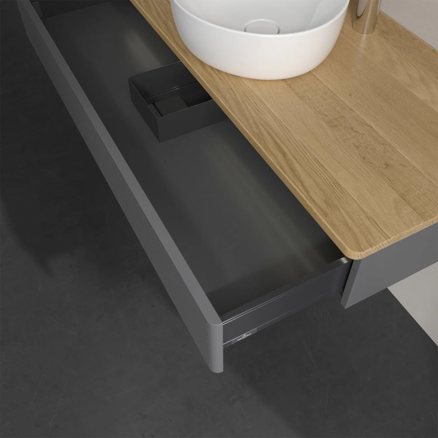 Umywalka z drewnianą powierzchnią i otwartą szufladą, Villeroy & Boch