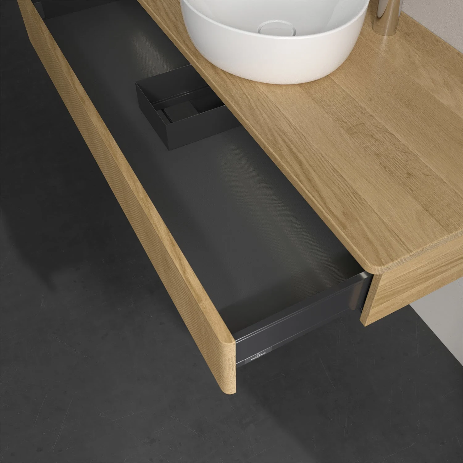 Otwarta szuflada pod umywalką w zbliżeniu, Villeroy & Boch
