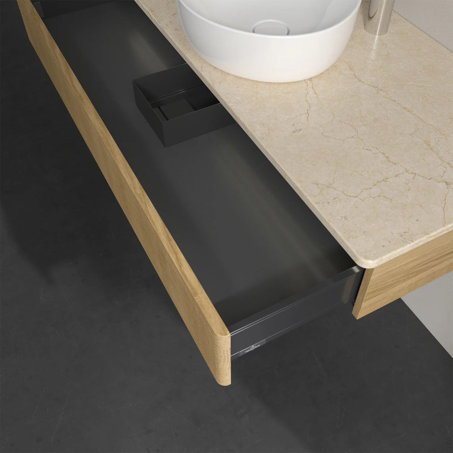 Otwarta szuflada pod umywalką z marmurowym blatem, Villeroy & Boch