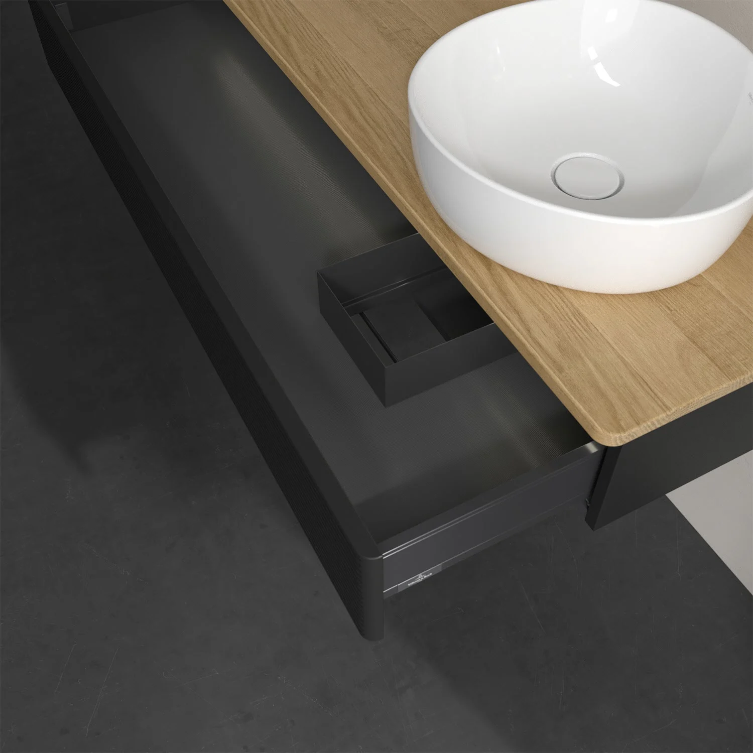 Umywalka z drewnianym blatem i czarną szufladą, Villeroy & Boch