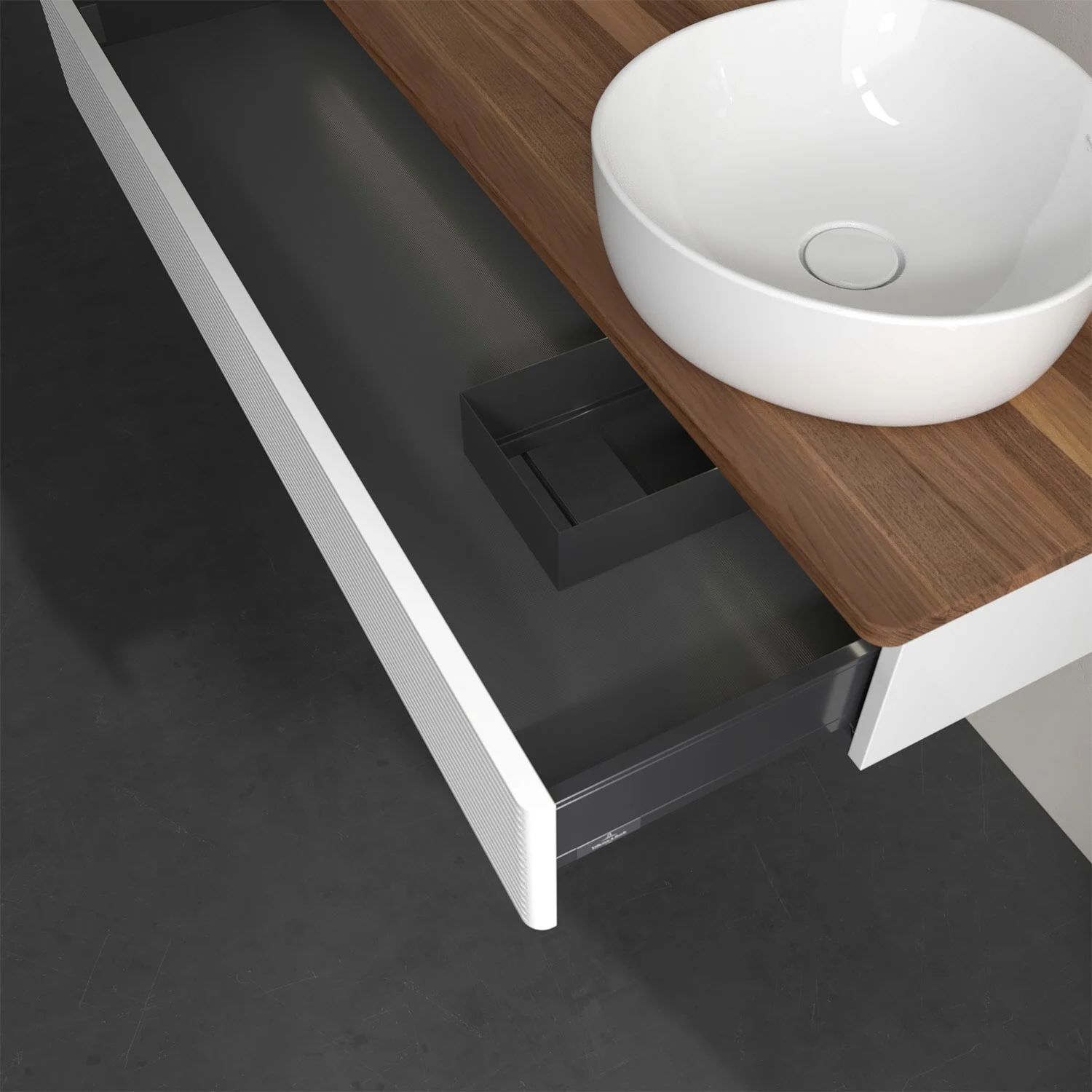 Otwarta szuflada pod umywalką zbliżenie, Villeroy & Boch