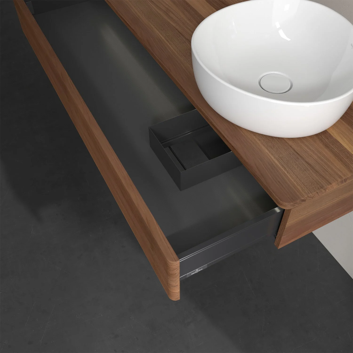 Otwarta szuflada pod umywalką widok z boku, Villeroy & Boch