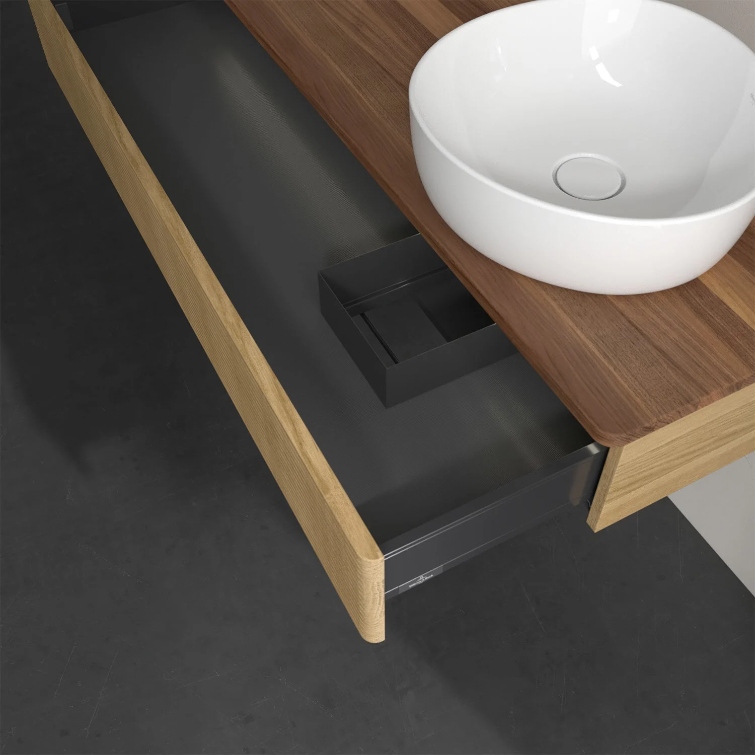 Otwarta szuflada pod umywalką widok z boku, Villeroy & Boch