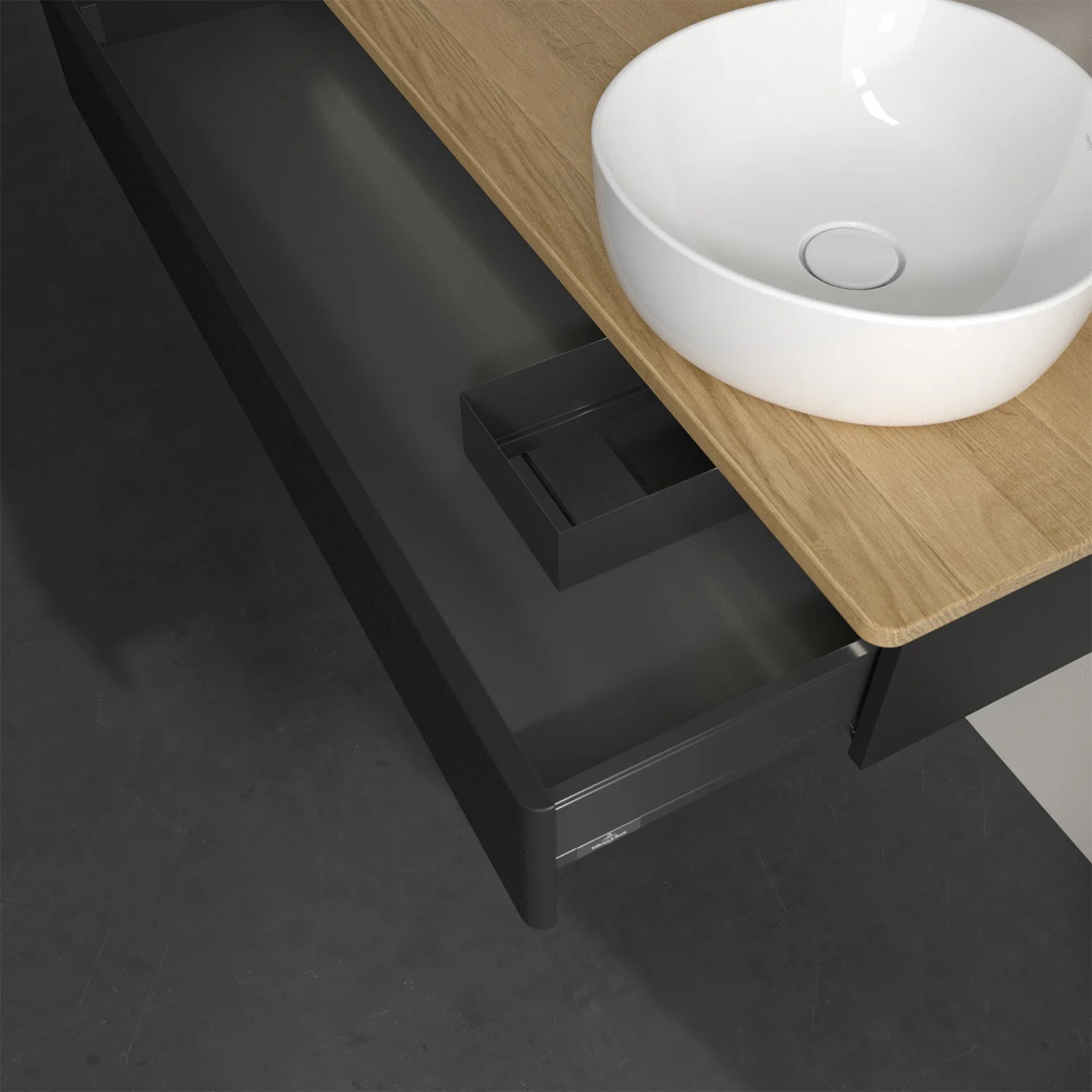 Umywalka z czarną szufladą i drewnianym blatem, Villeroy & Boch