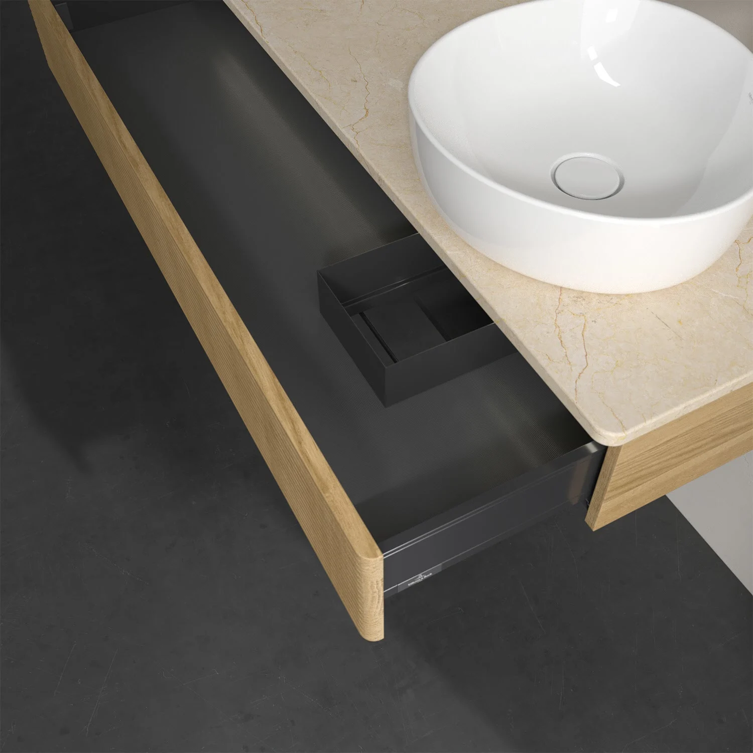 Umywalka z otwartą drewnianą szufladą, widok z boku, Villeroy & Boch