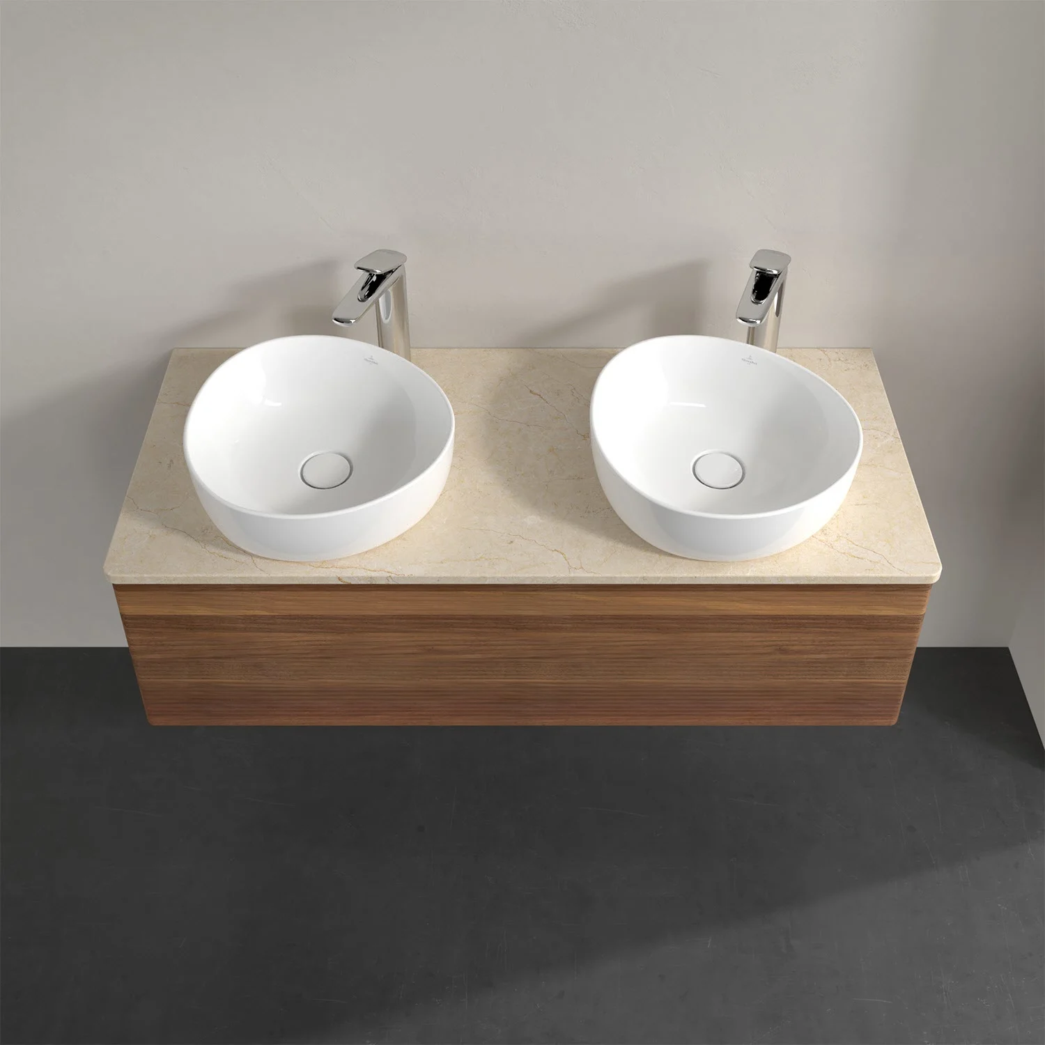 Podwójna umywalka z drewnianą szafką z góry, Villeroy & Boch