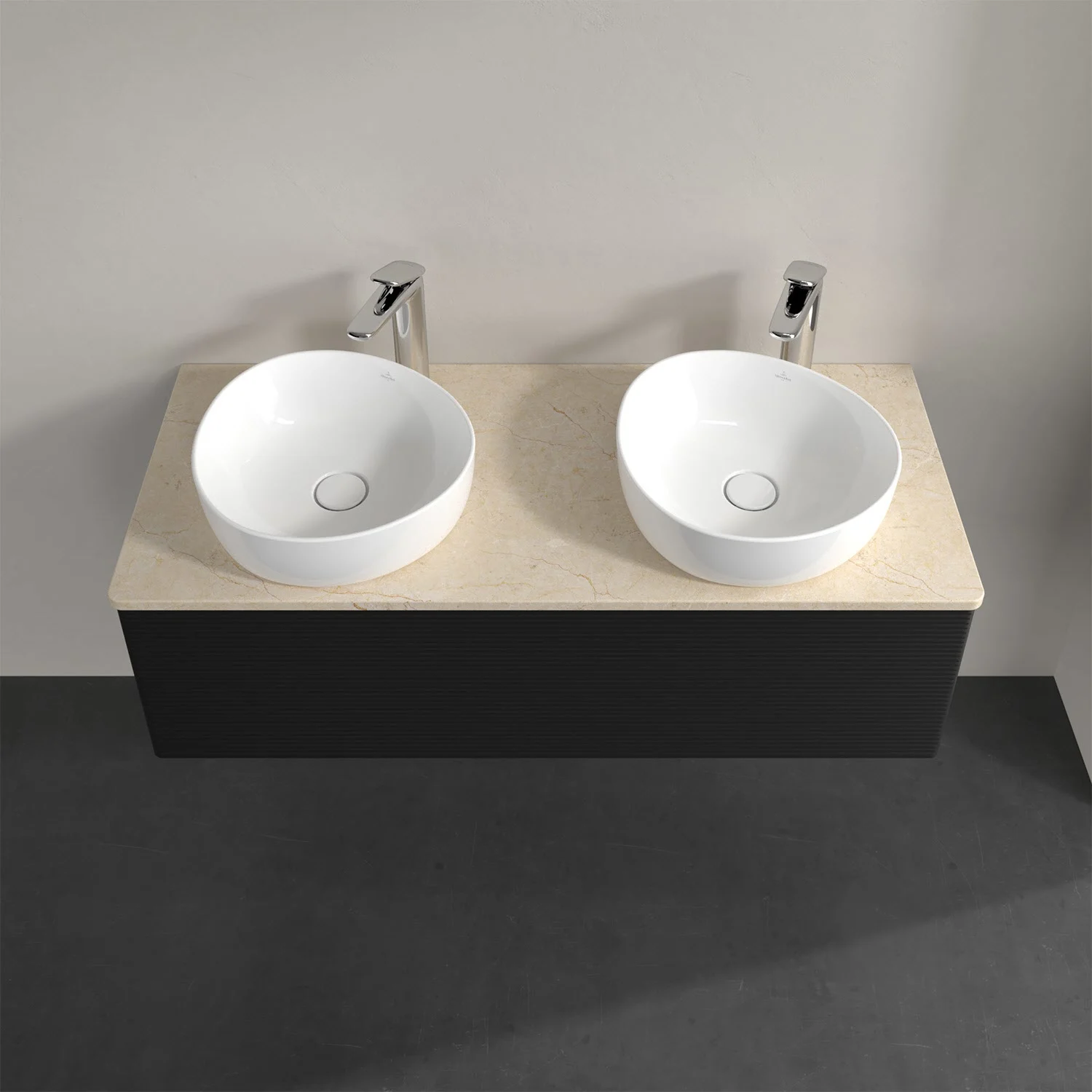 Podwójna umywalka z czarną szafką z góry, Villeroy & Boch