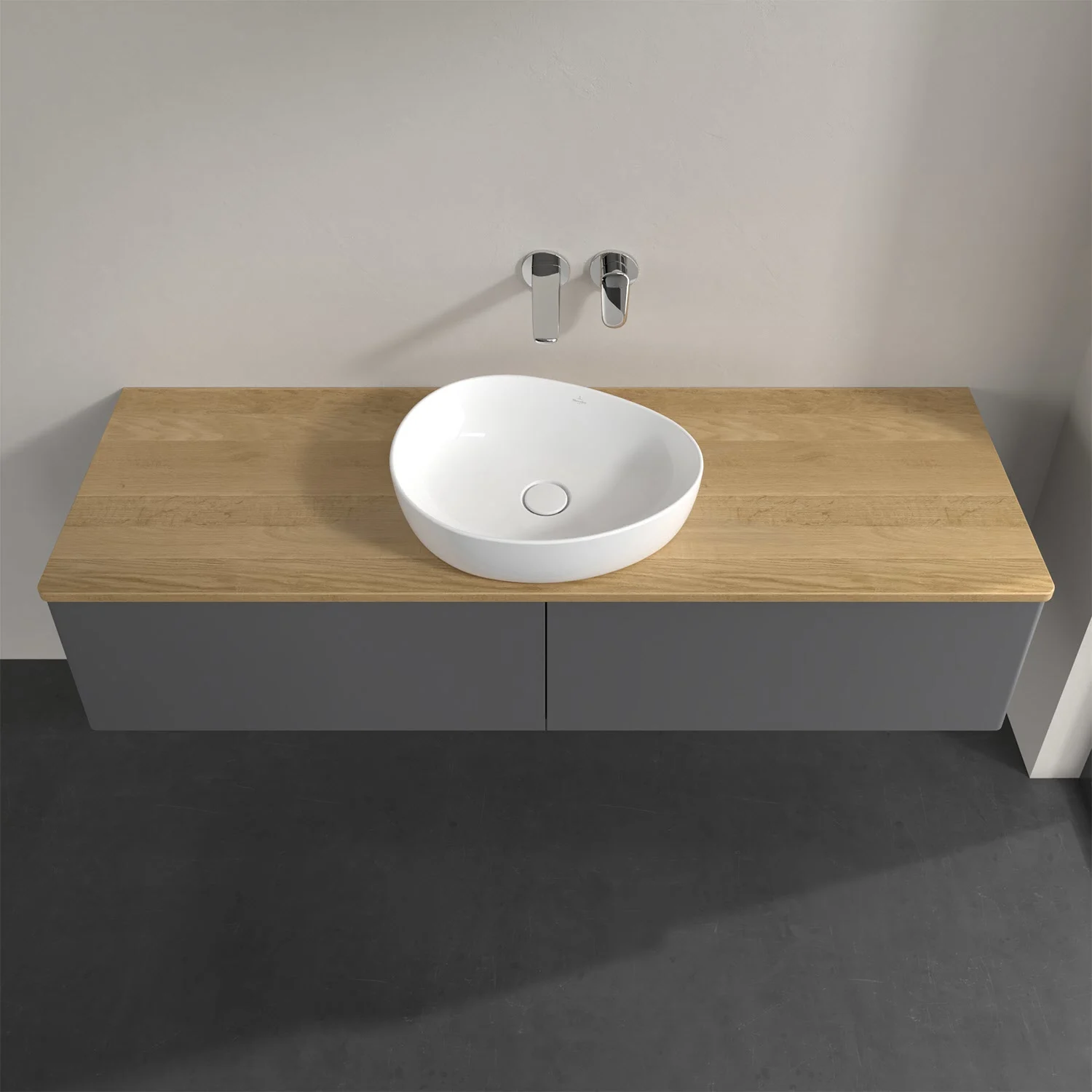 Umywalka ścienna z drewnianym blatem i baterią, Villeroy & Boch