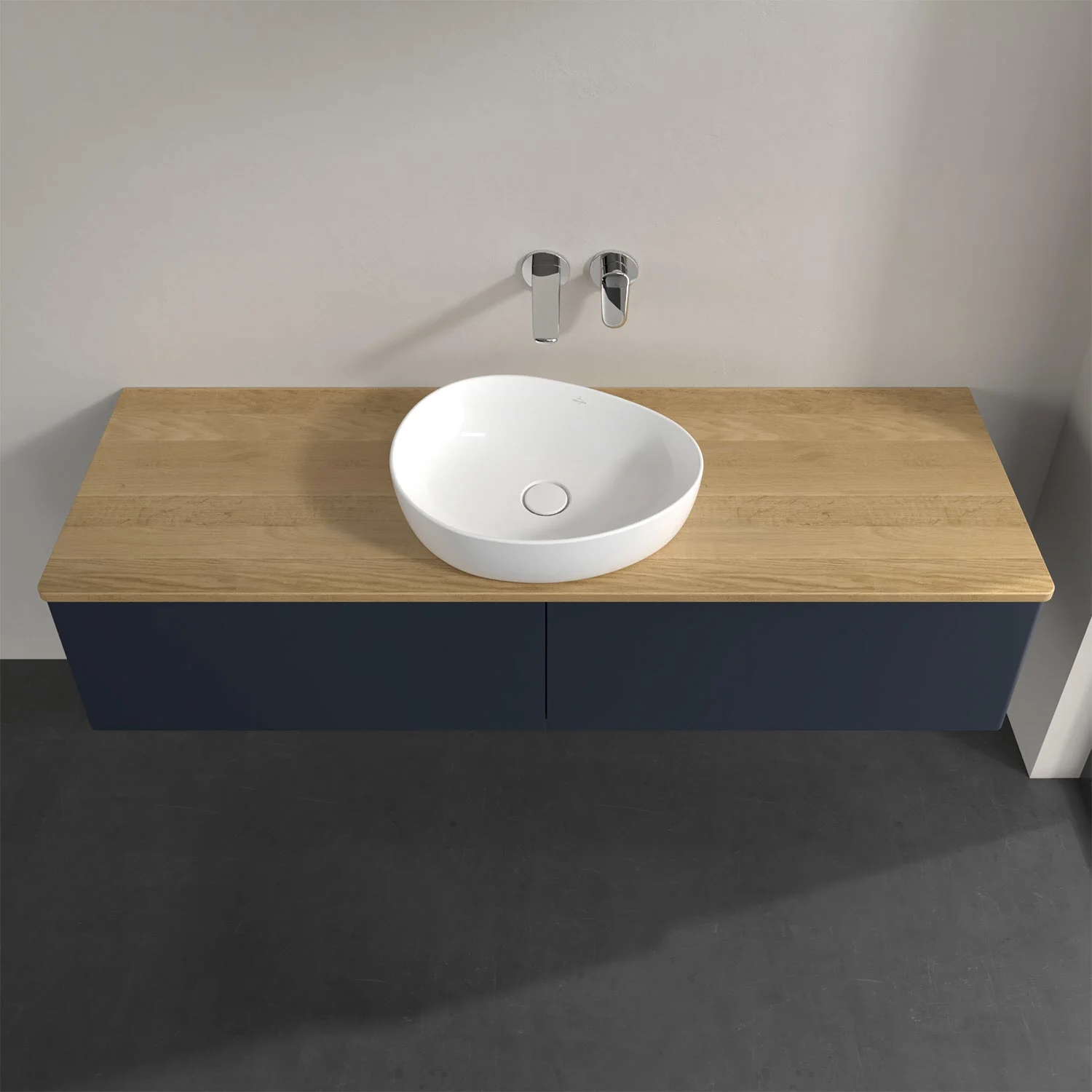 Umywalka ścienna z drewnianym blatem i baterią, Villeroy & Boch