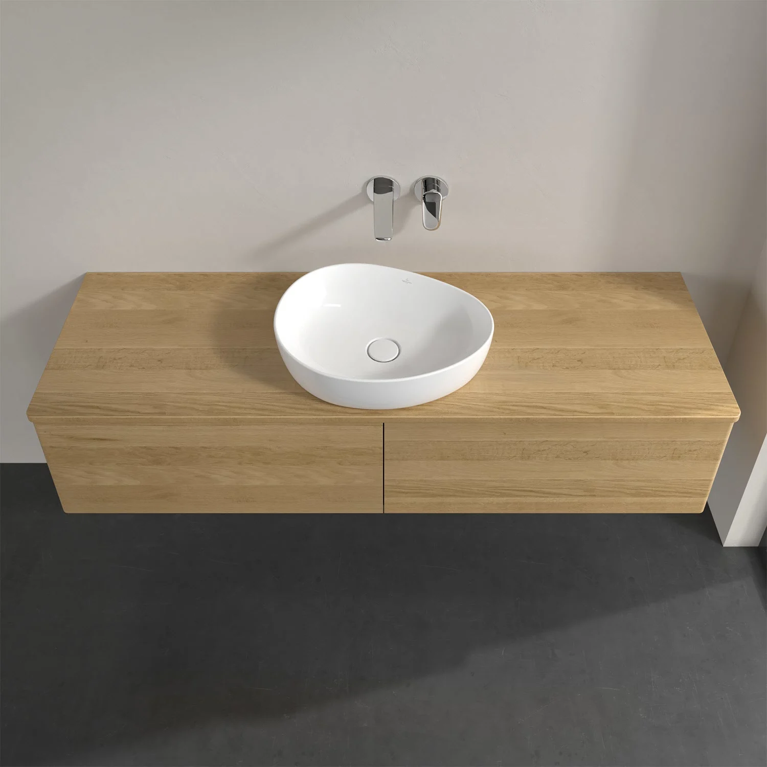 Umywalka z jasnym drewnianym blatem i białą umywalką, Villeroy & Boch